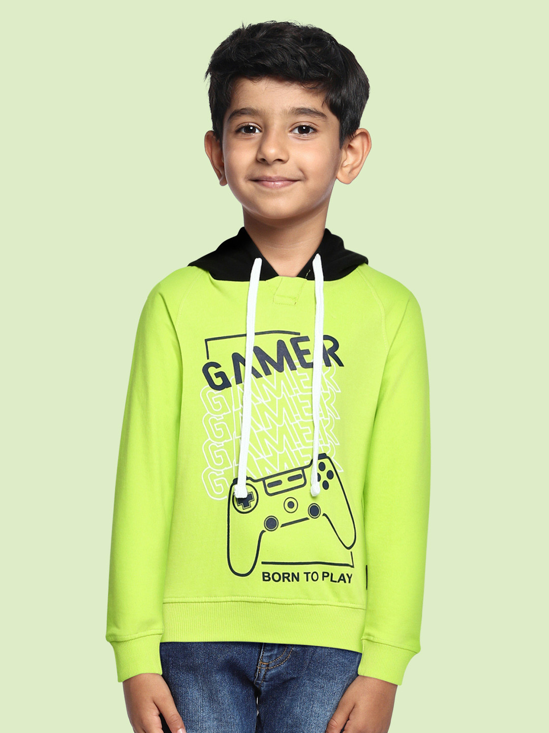 Killer Boys Fluorescent Green Printed Pure Cotton Hooded Sweatshirt