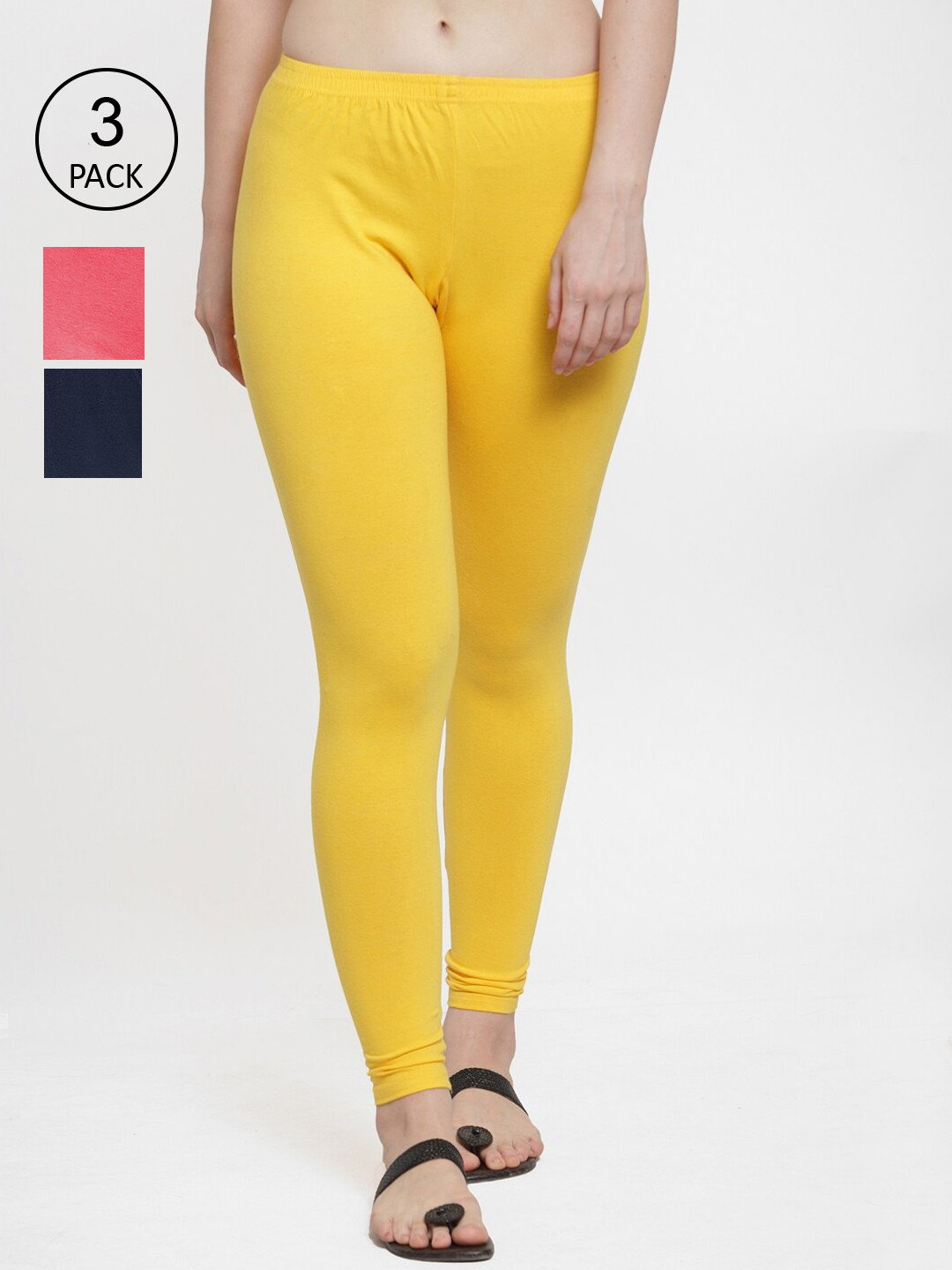 GRACIT Women Yellow Navy & Peach Pack of 3 Cotton Lycra Ankle Length Legging