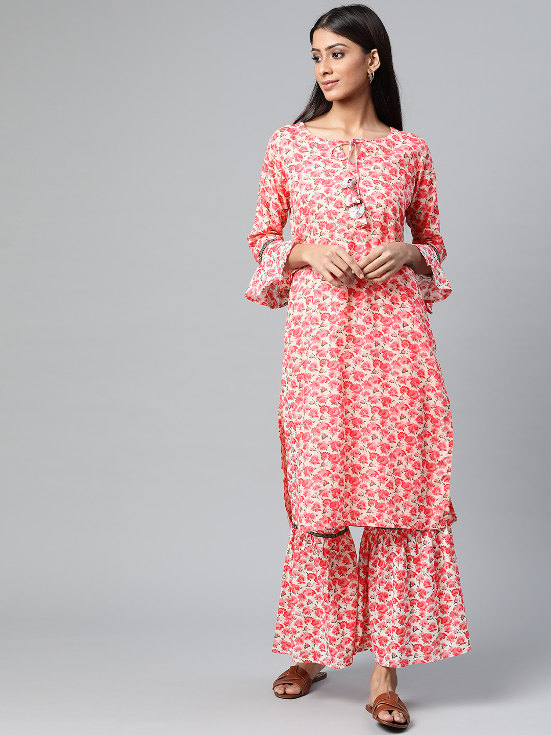 Laado - Pamper Yourself Women Pink & Off-White Floral Printed Pure Cotton Kurta & Palazzos
