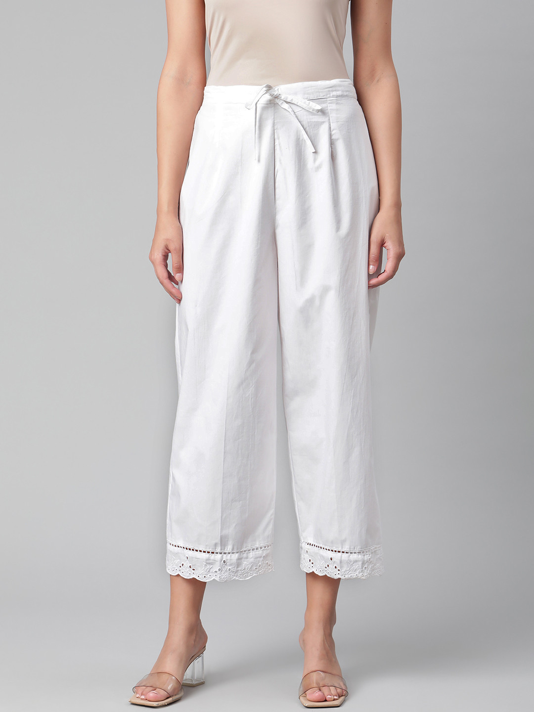 Laado - Pamper Yourself Women White Schiffli Hem Design Palazzos