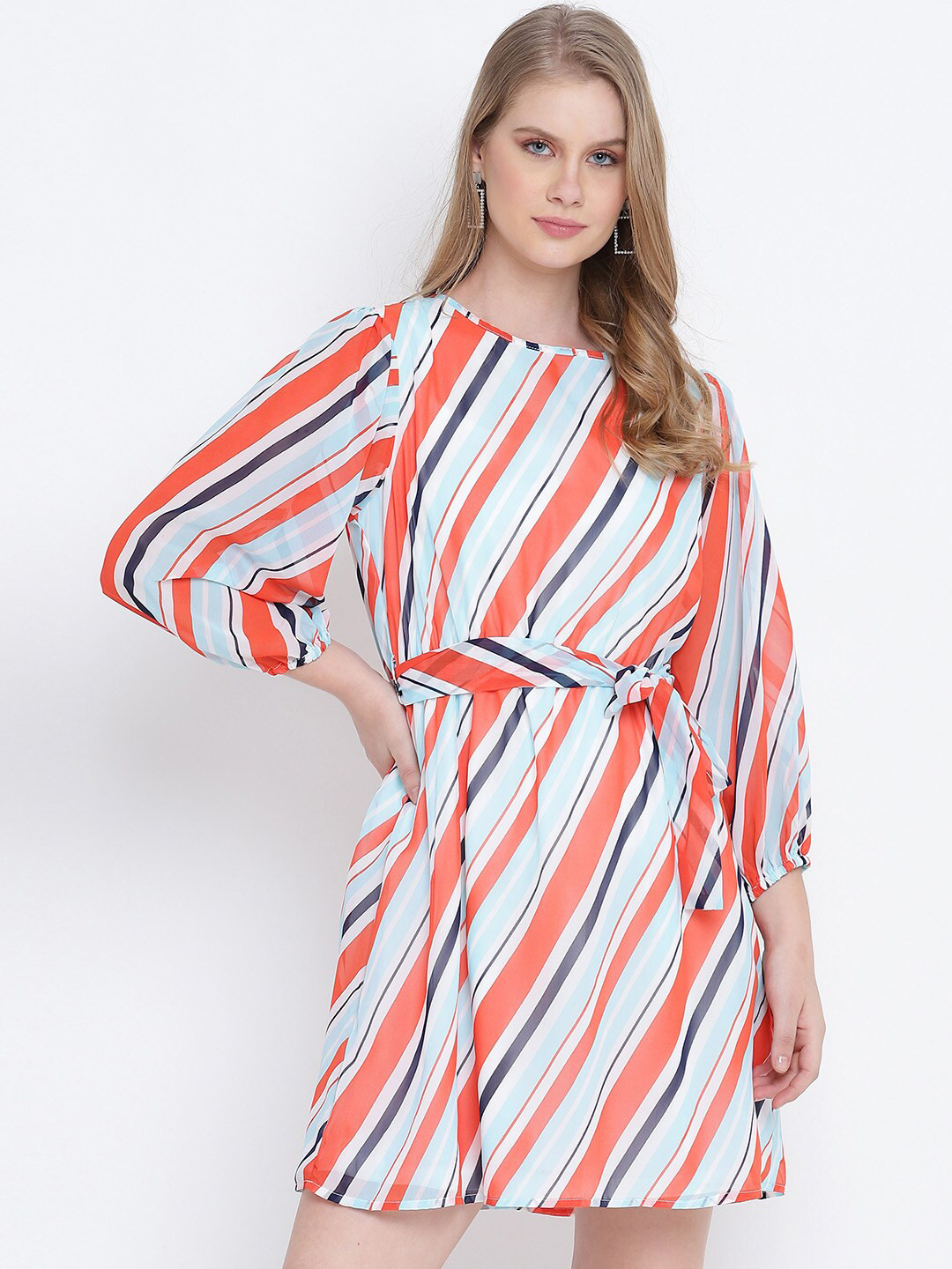 Oxolloxo Coral & Turquoise Blue Striped Dress