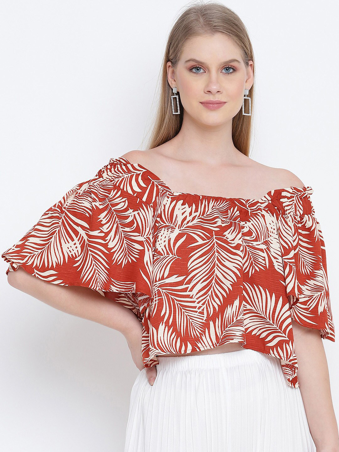 Oxolloxo Women Rust & White Tropical Off-Shoulder Crepe High Low Top