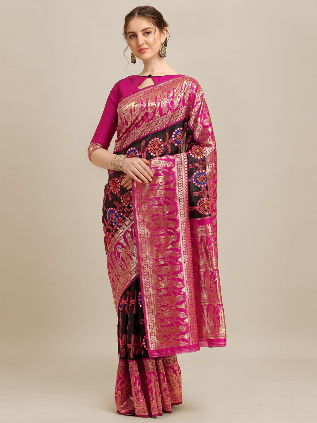 Mitera Black & Magenta Ethnic Motifs Kutchi Embroidered Zari Banarasi Jacquard Saree