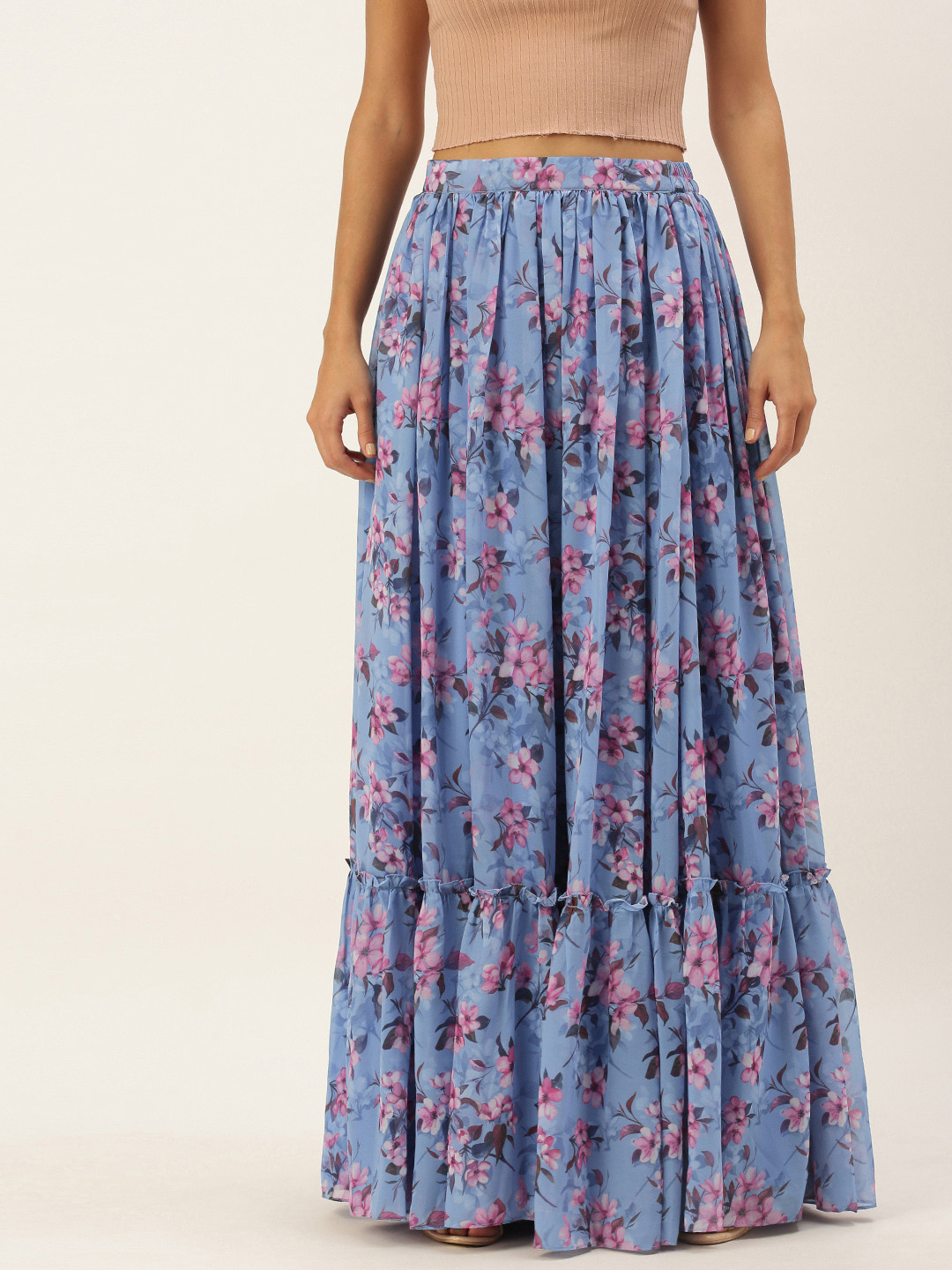 Ethnovog Women Blue  Pink Made To Measure Floral Digital Print Maxi Tiered Skirt
