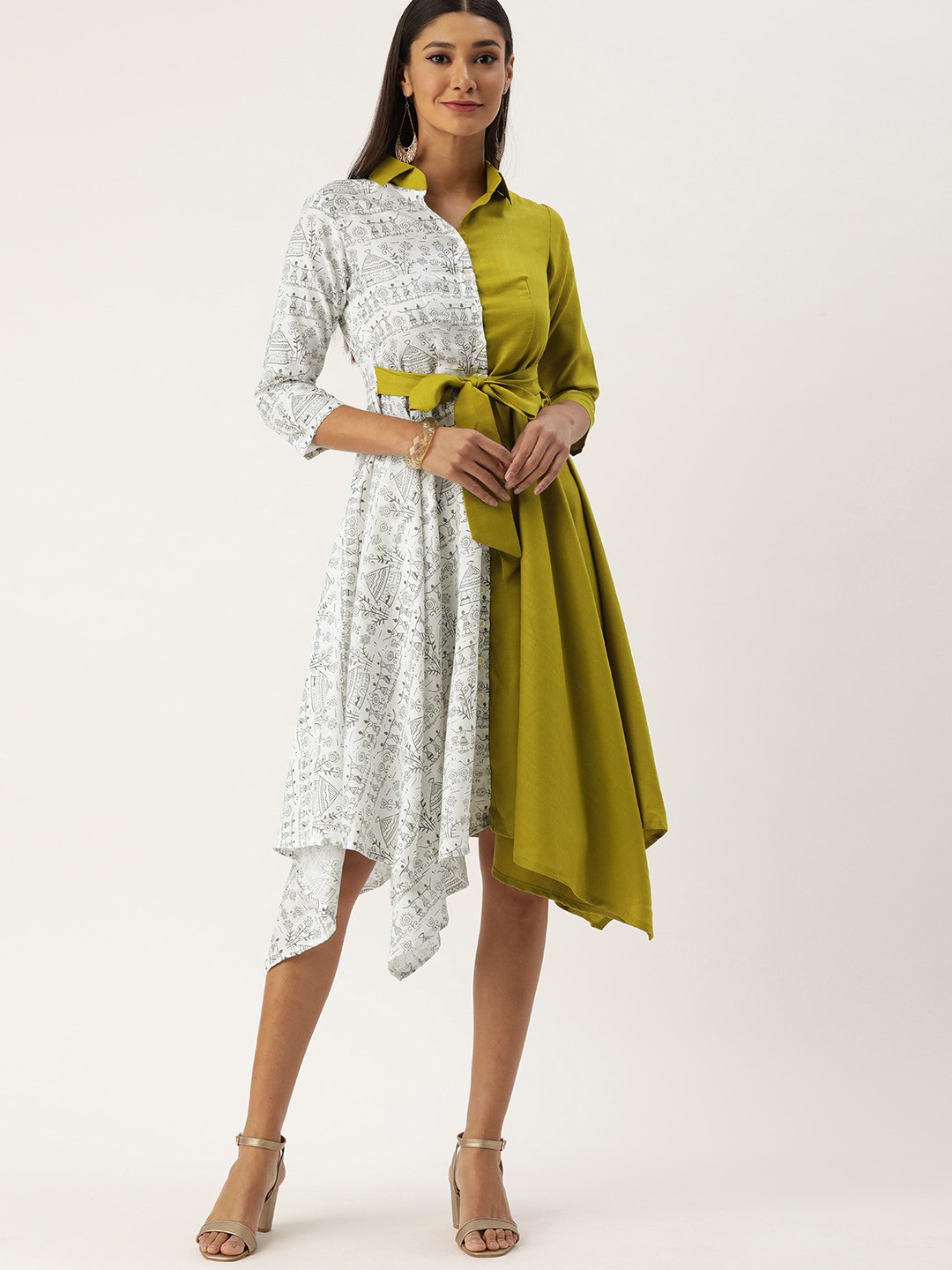 Ethnovog White  Green Colourblocked Asymmetrical Shirt Dress