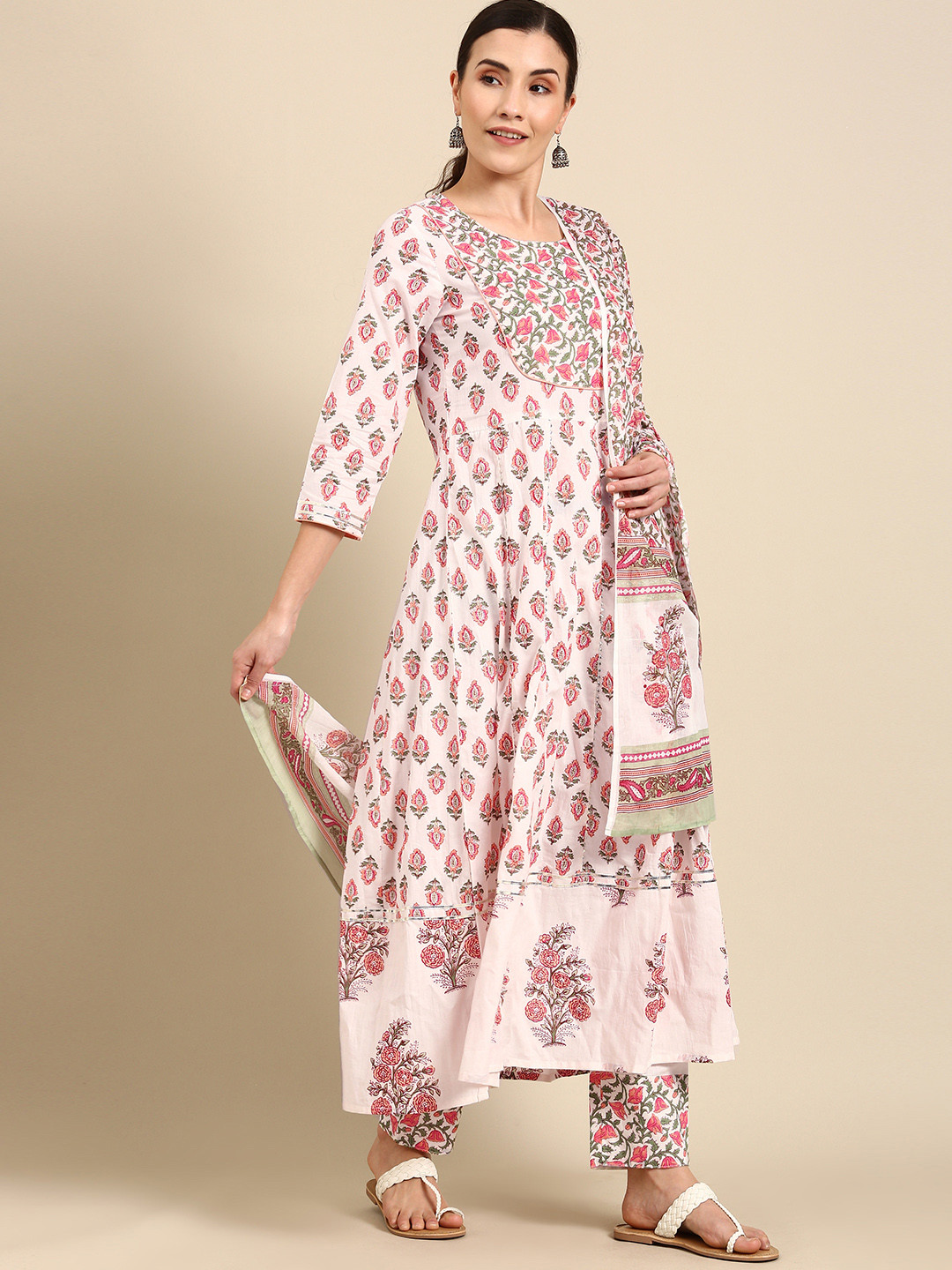 Rajnandini Women White & Pink Printed Pure Cotton Kurta with Trousers & Dupatta