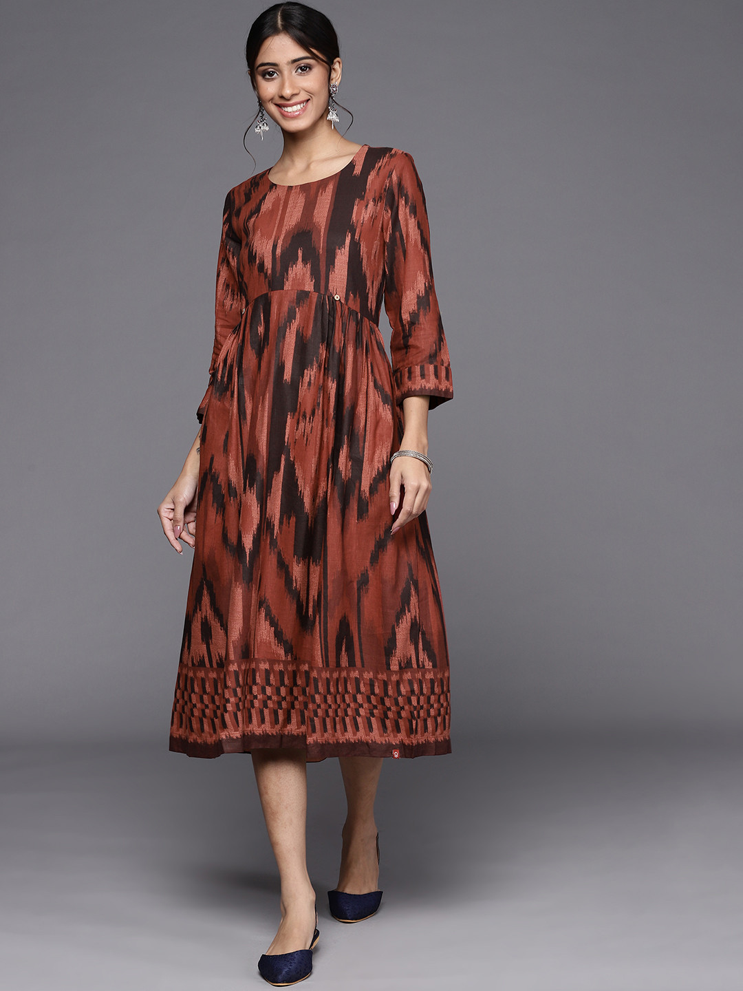 Biba Rust Red Pure Cotton Midi Fit & Flare Dress