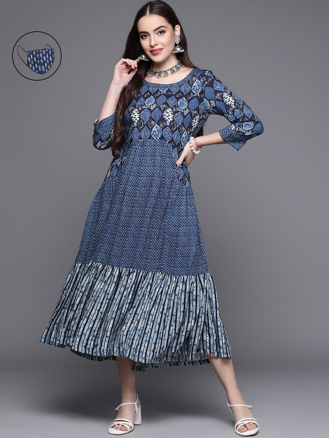 Biba Navy Blue A-Line Midi Dress