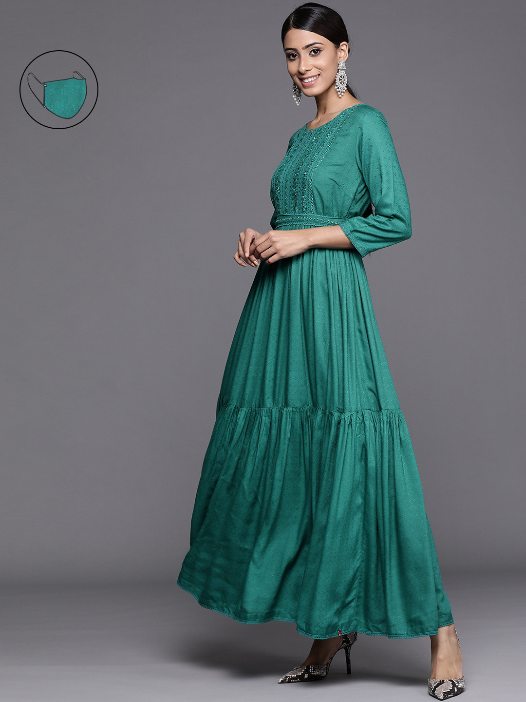 Biba Green Ethnic Embroidered Detail Maxi Dress Comes With A Belt & A Mask