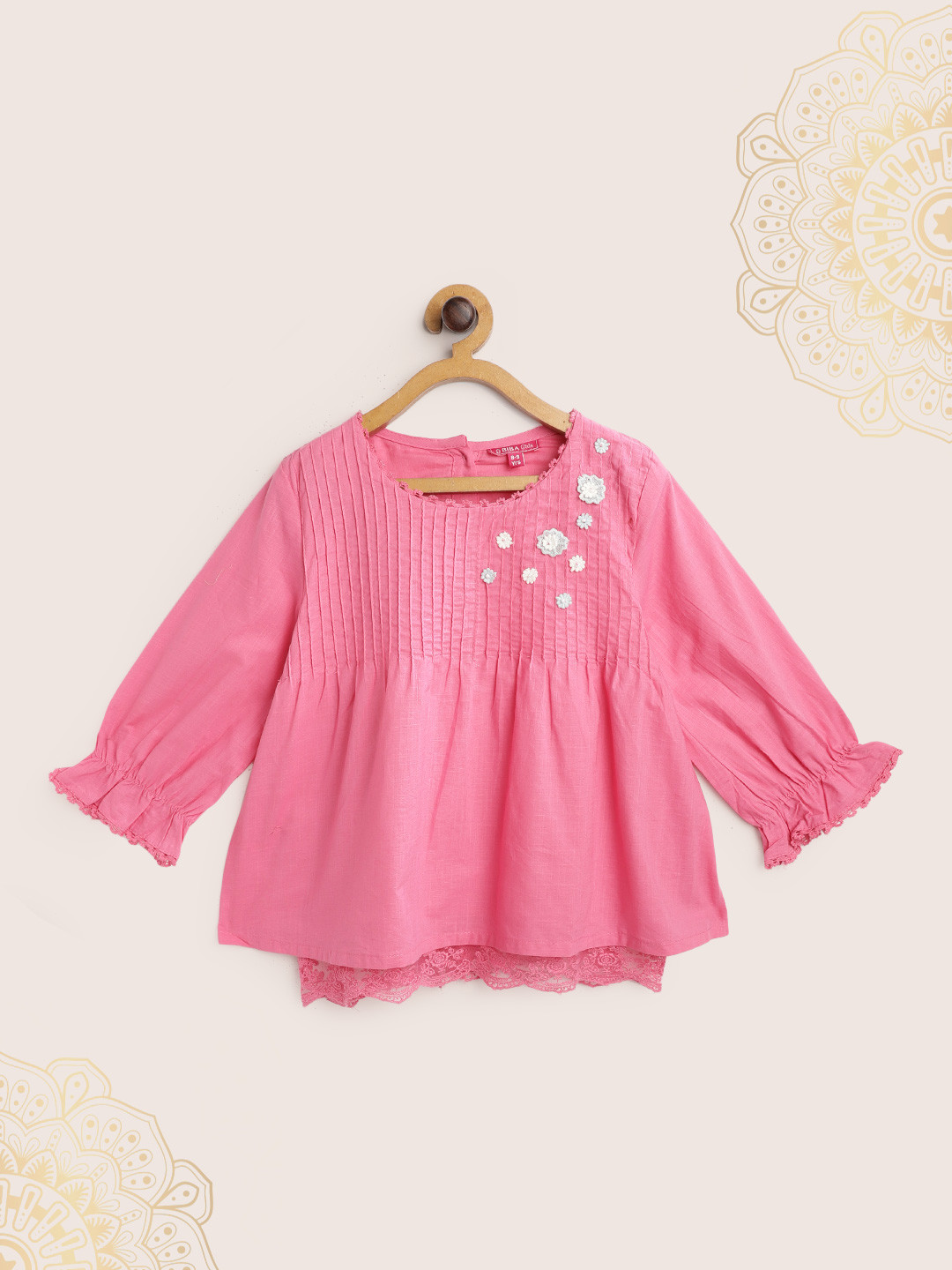 Biba Girls Pink & White Solid Cotton Floral Applique Pleated Detail Layered A-Line Top