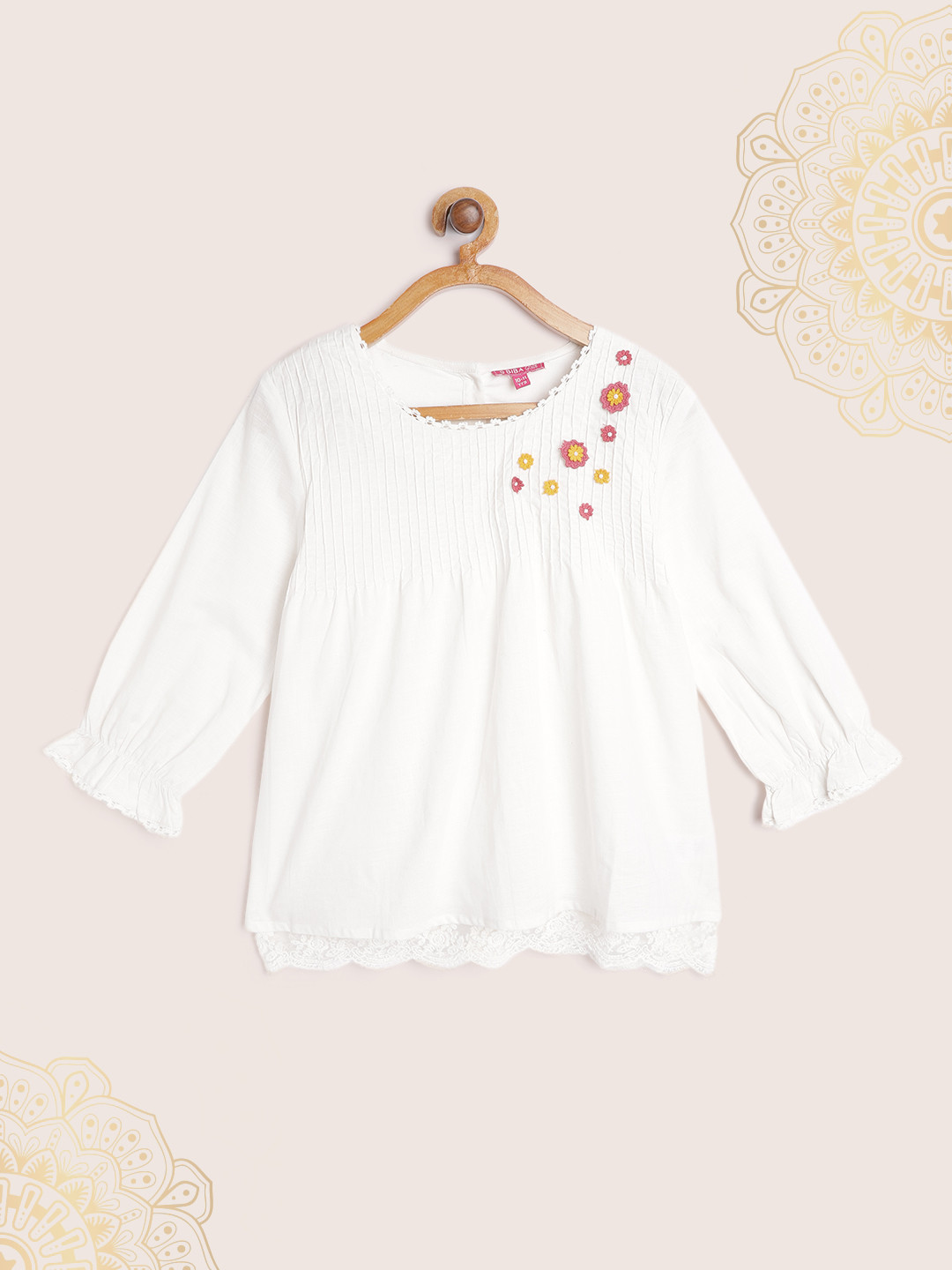 Biba Girls White Cotton Self Striped Lace Inserts & Applique Regular Top