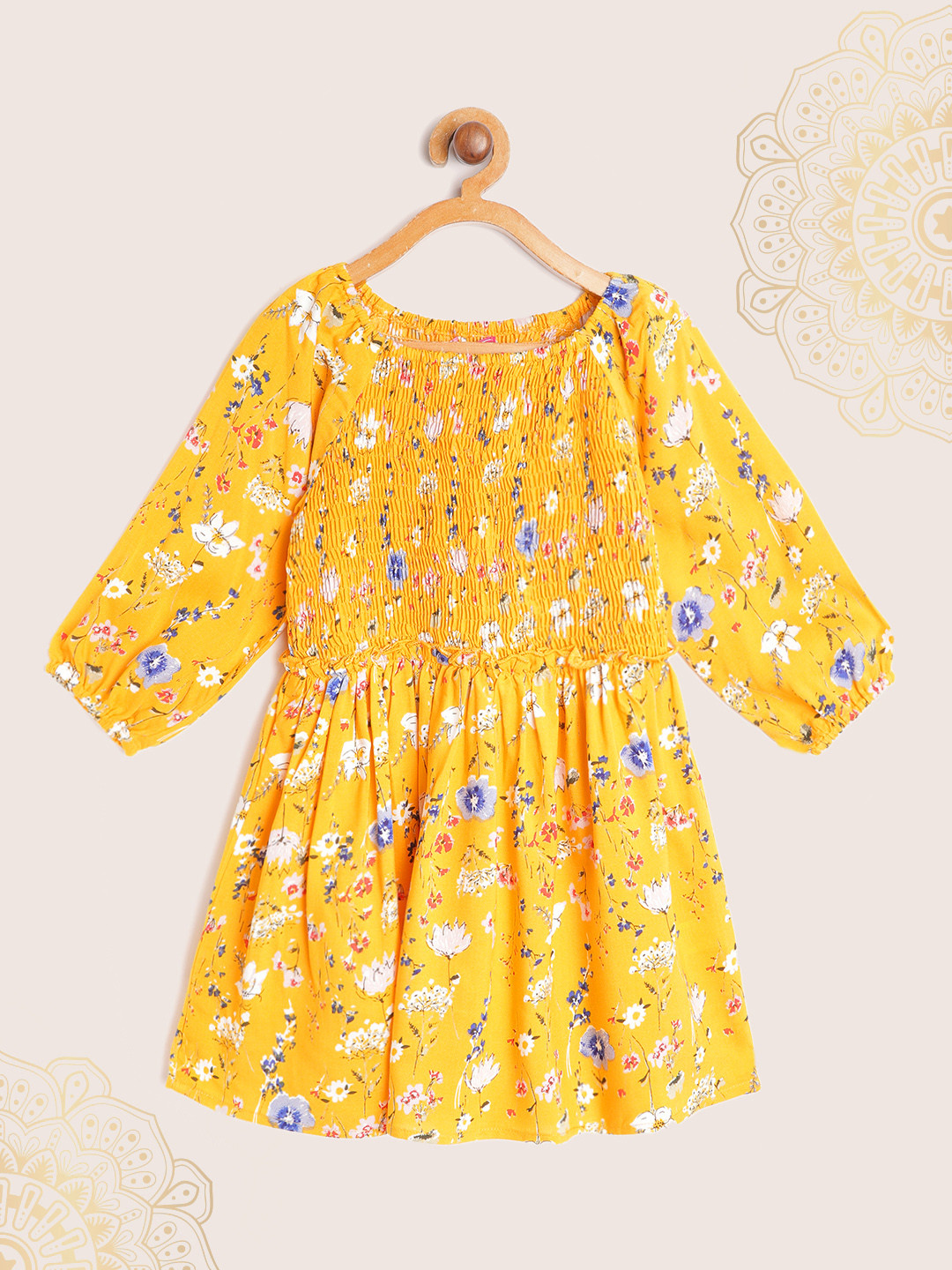 Biba Girls Yellow & White Floral Print Off-Shoulder Smocked Fit & Flare Dress
