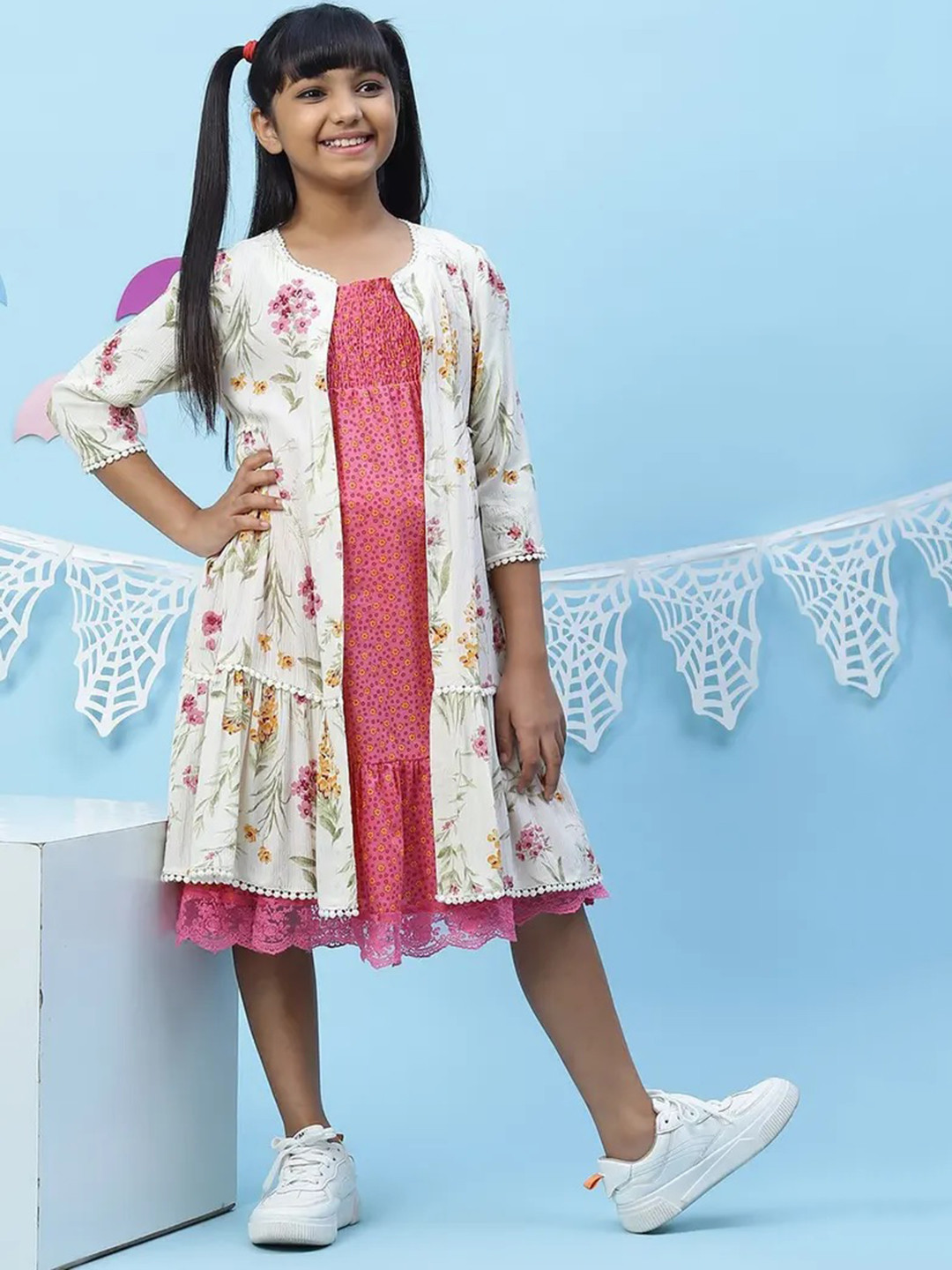 Biba Off White & Pink Floral Printed Dress With Jacket