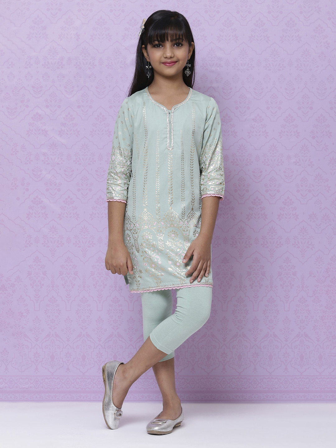 Biba Girls Mint Green & Golden Ethnic Motifs Print Cotton Pure Cotton Kurta with Trousers