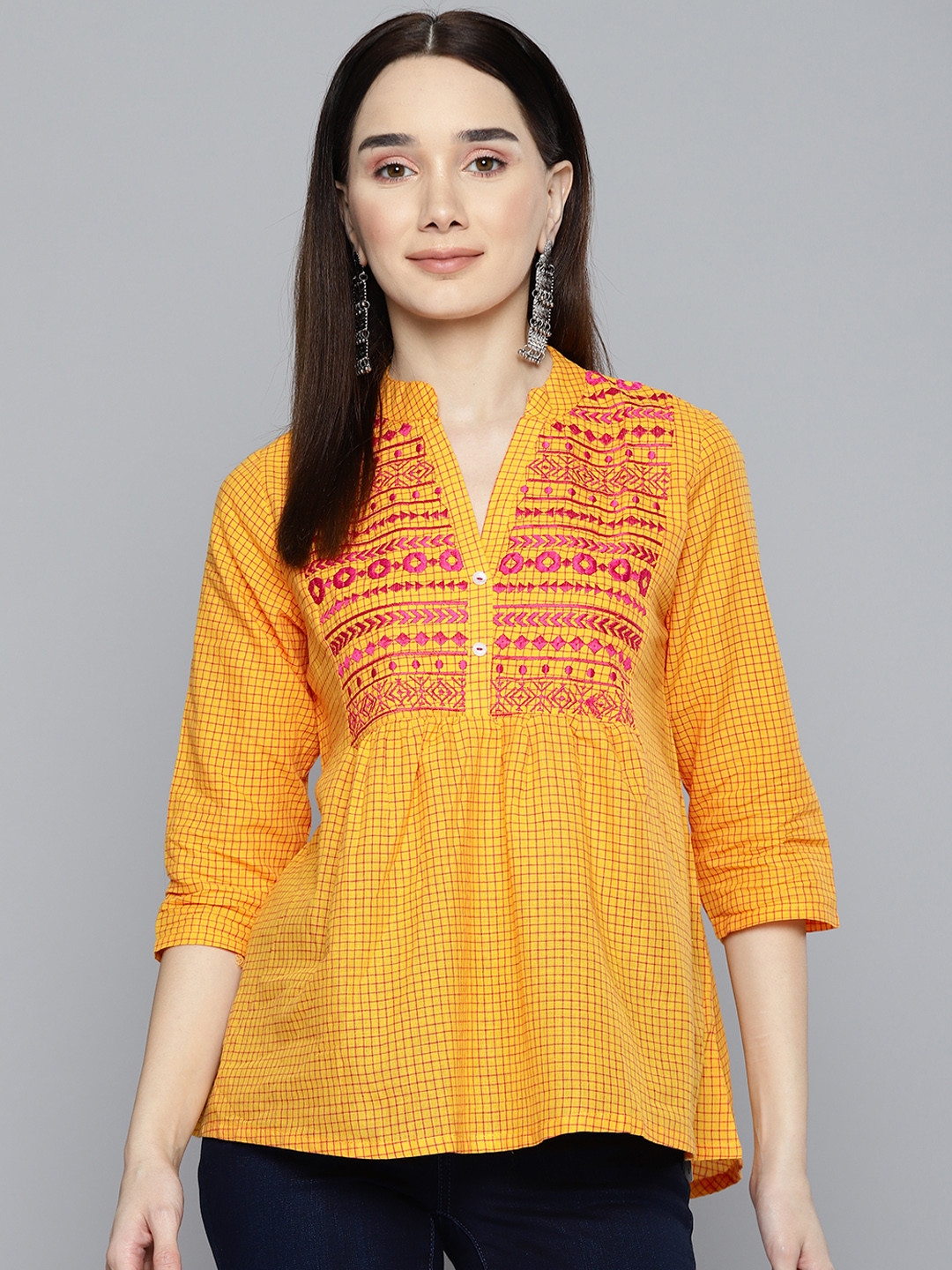 Vishudh Yellow & Pink Checked Mandarin Collar Top