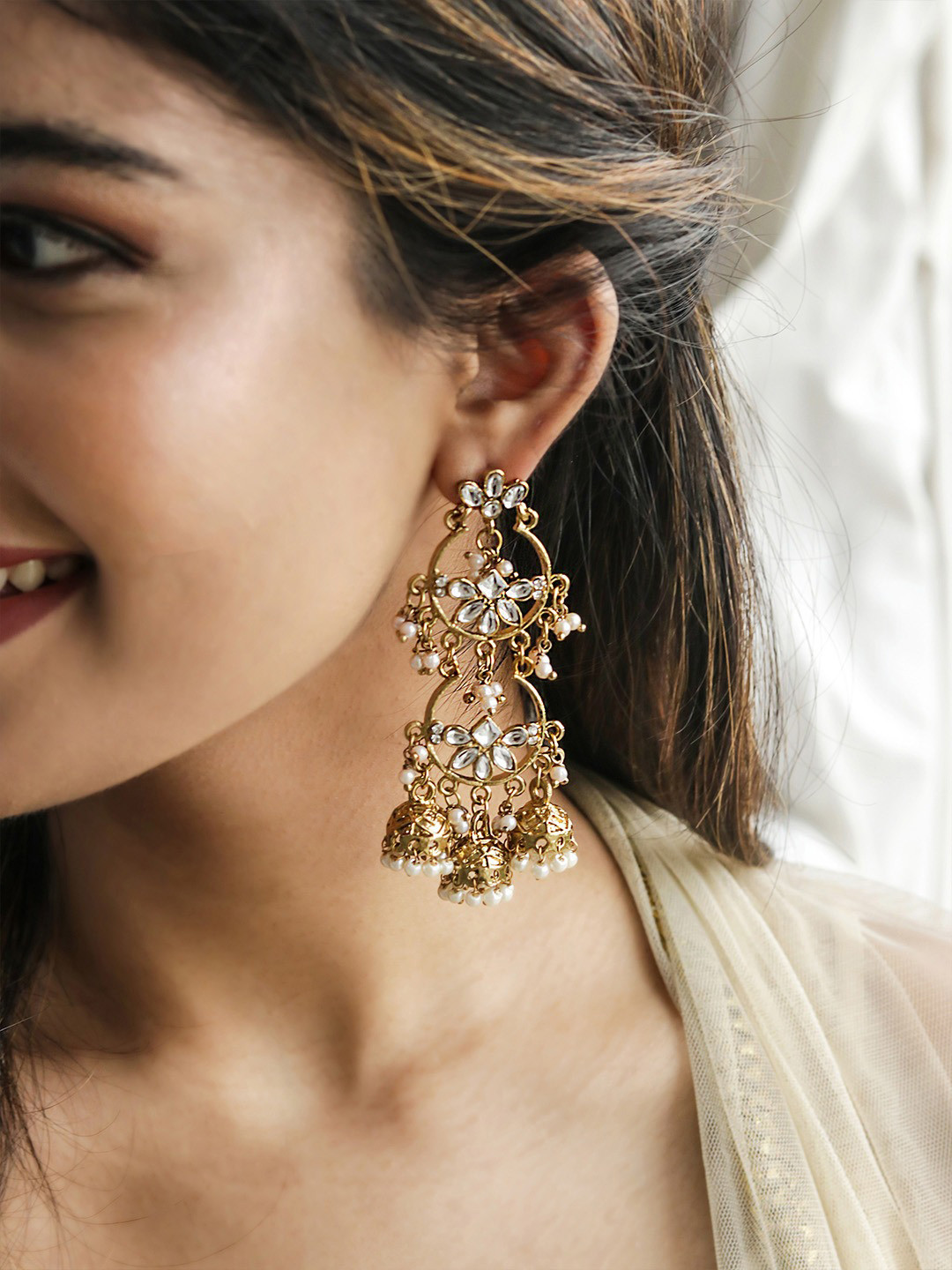 Fida Gold Plated White Contemporary Jhumkas Earrings