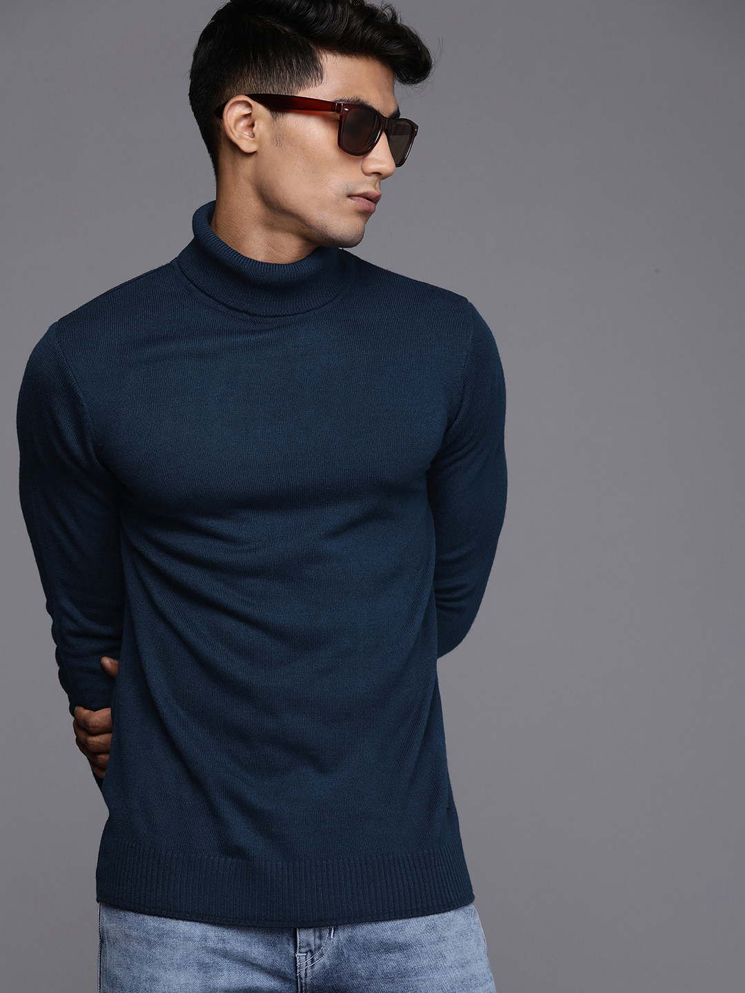 WROGN Men Navy Blue Slim Fit Turtle Neck Pullover