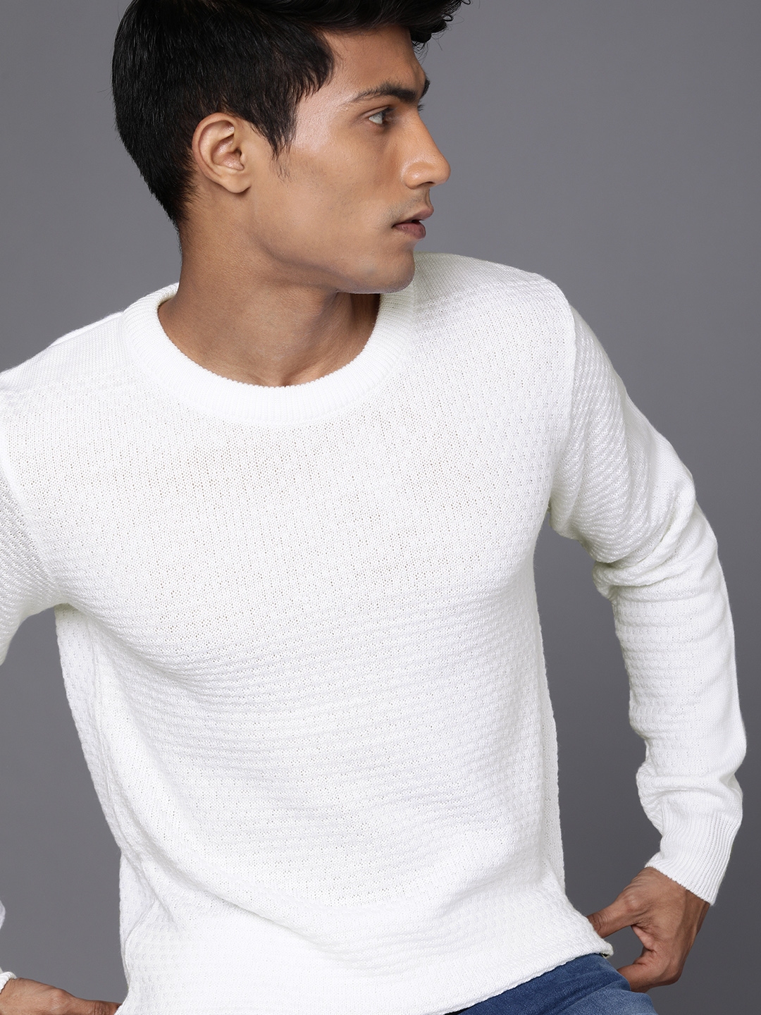 Buy WROGN Men White Ribbed Round Neck Pullover Sweater Sweaters for Men 15131292 Myntra