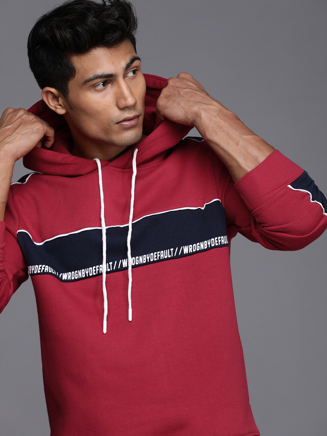 WROGN Men Red Colourblocked Hooded Sweatshirt