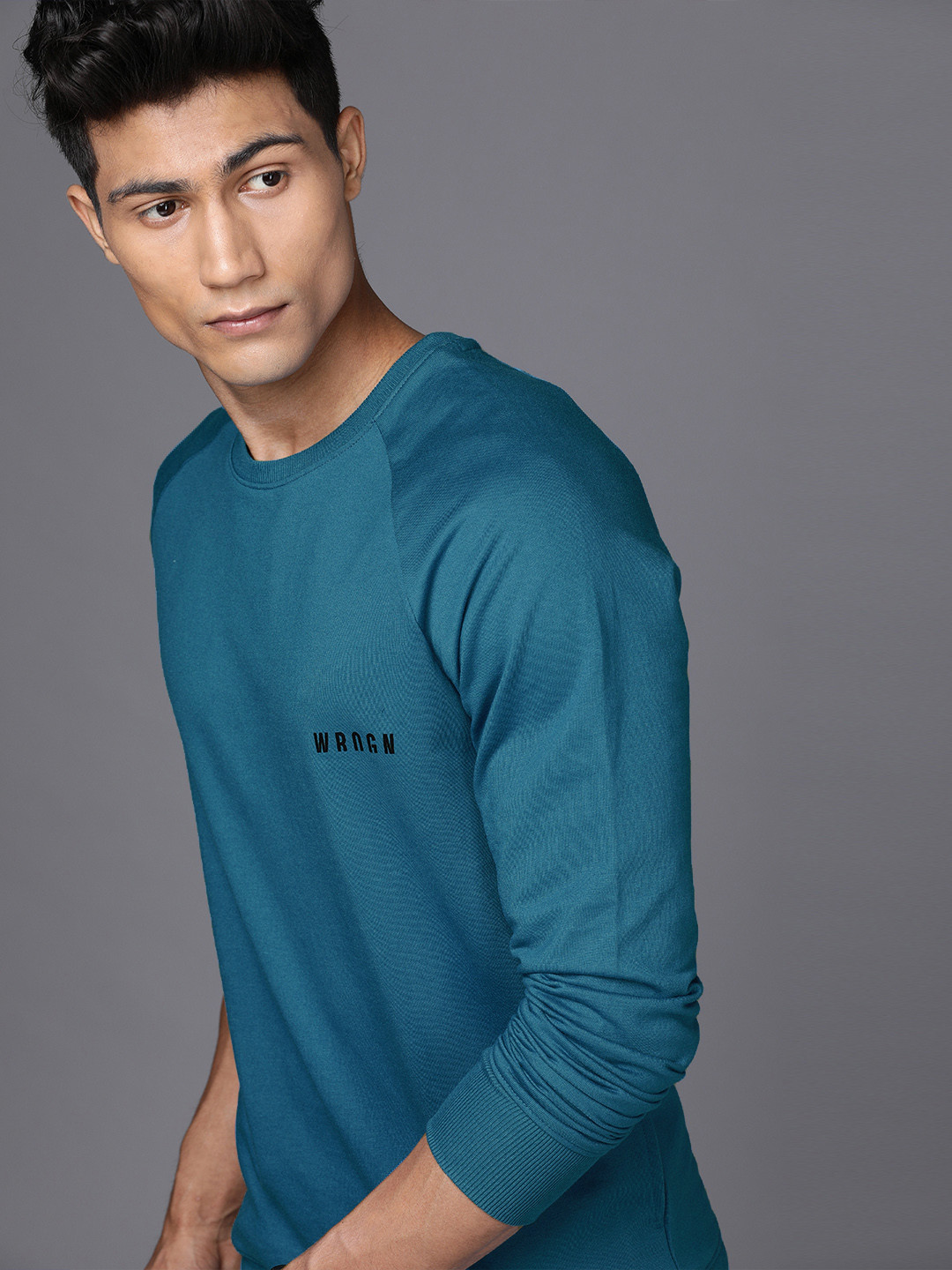 WROGN Men Teal Blue Solid Sweatshirt with Logo Print