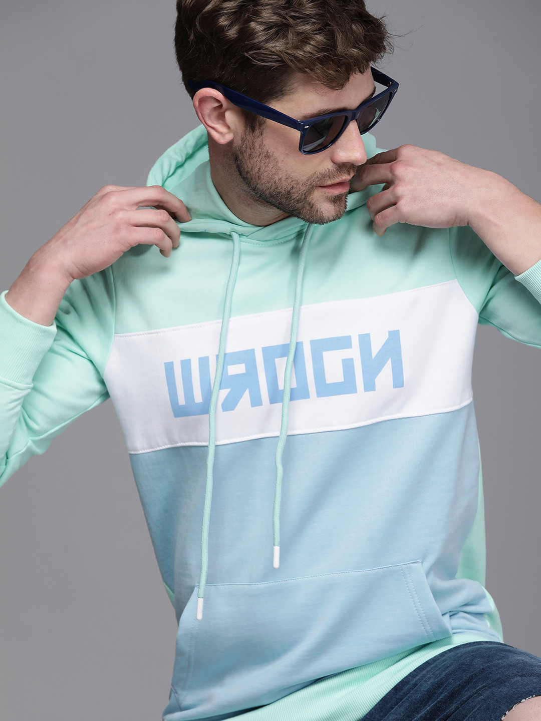 WROGN Men Blue Logo Printed Hooded Sweatshirt