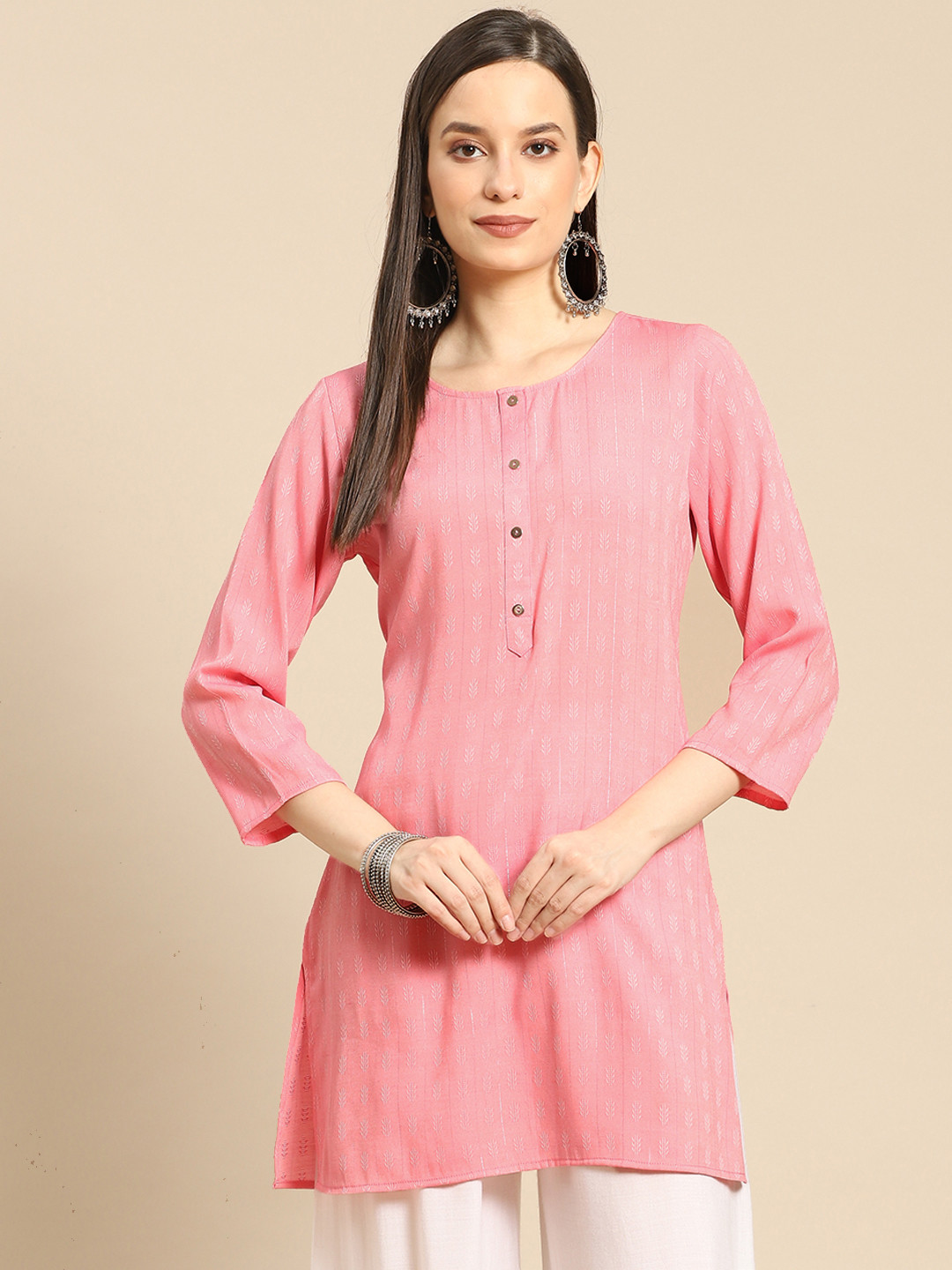Prakrti Women Pink Ethnic Motifs Woven Design Kurti