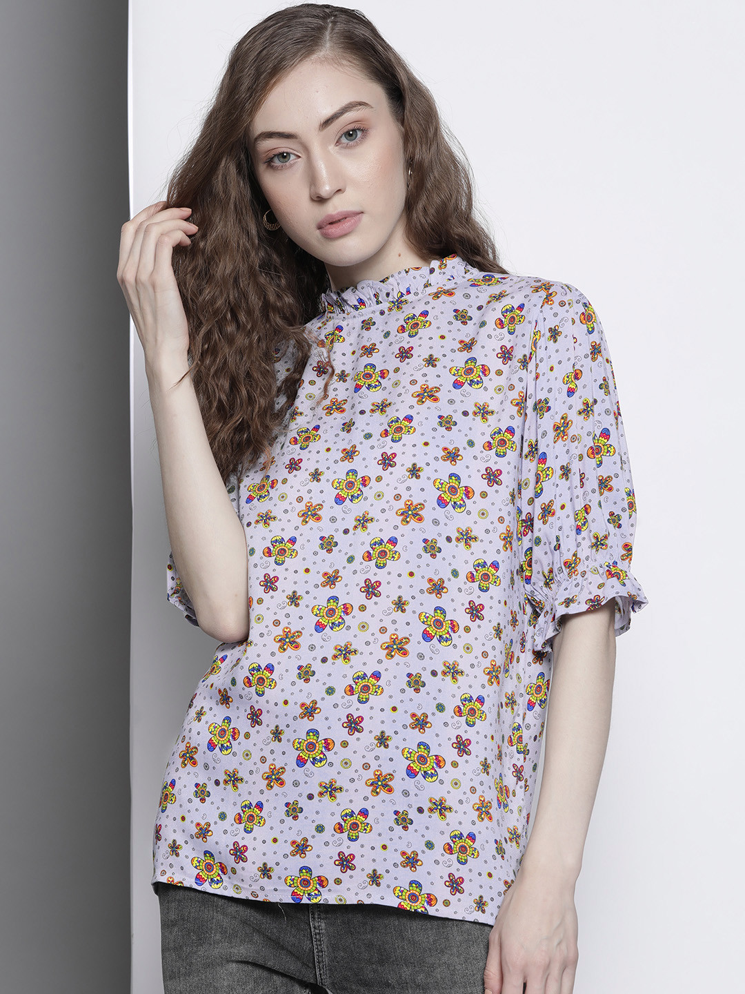 One Femme Grey Ethnic Print Ruffles Regular Top