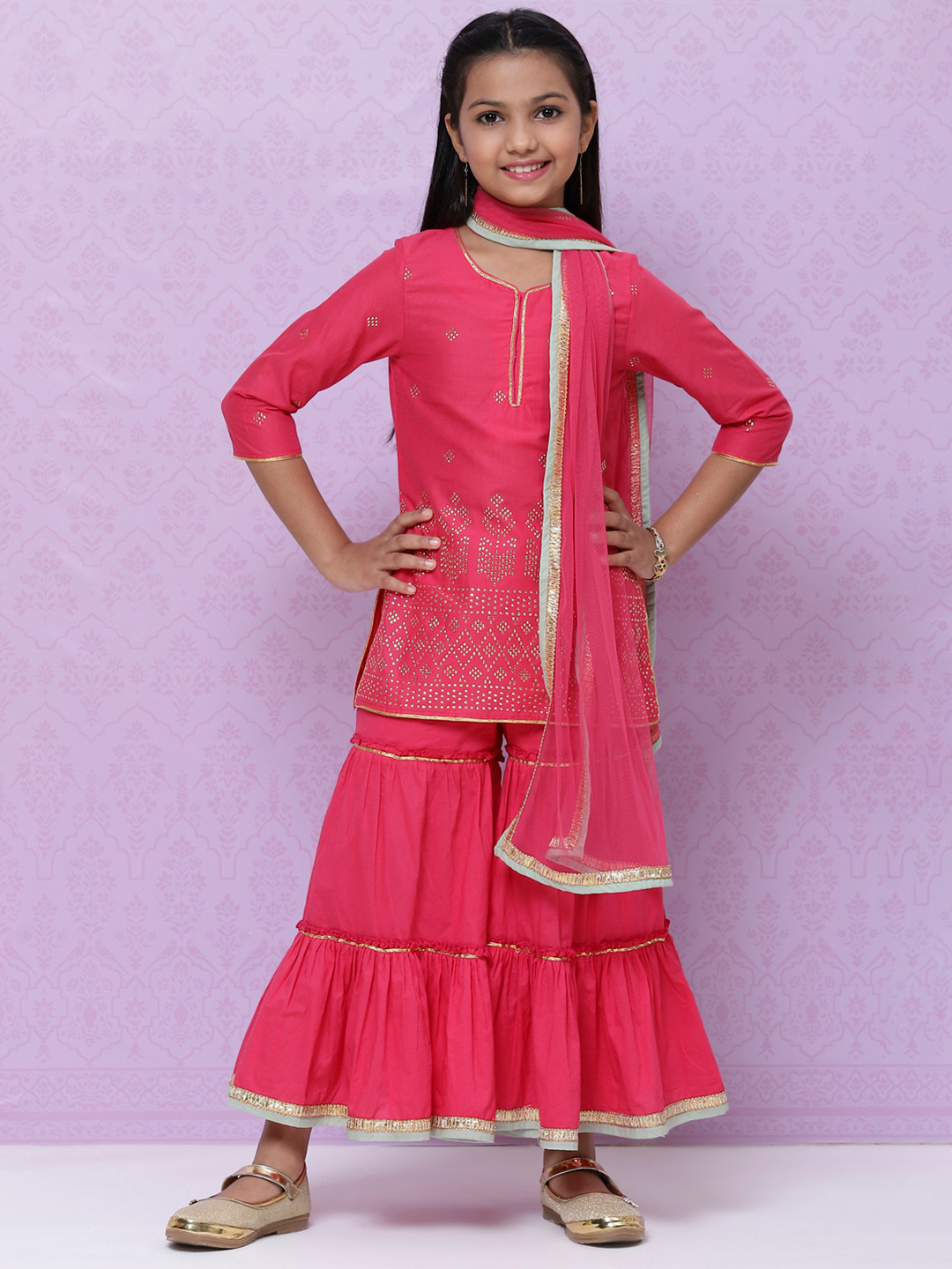 Biba Girls Fuchsia Embellished Kurtis with Sharara & Dupatta