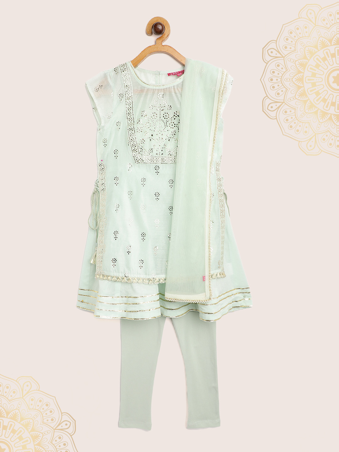 Biba Girls Sea Green & Golden Embellished Layered Kurta with Leggings & Dupatta