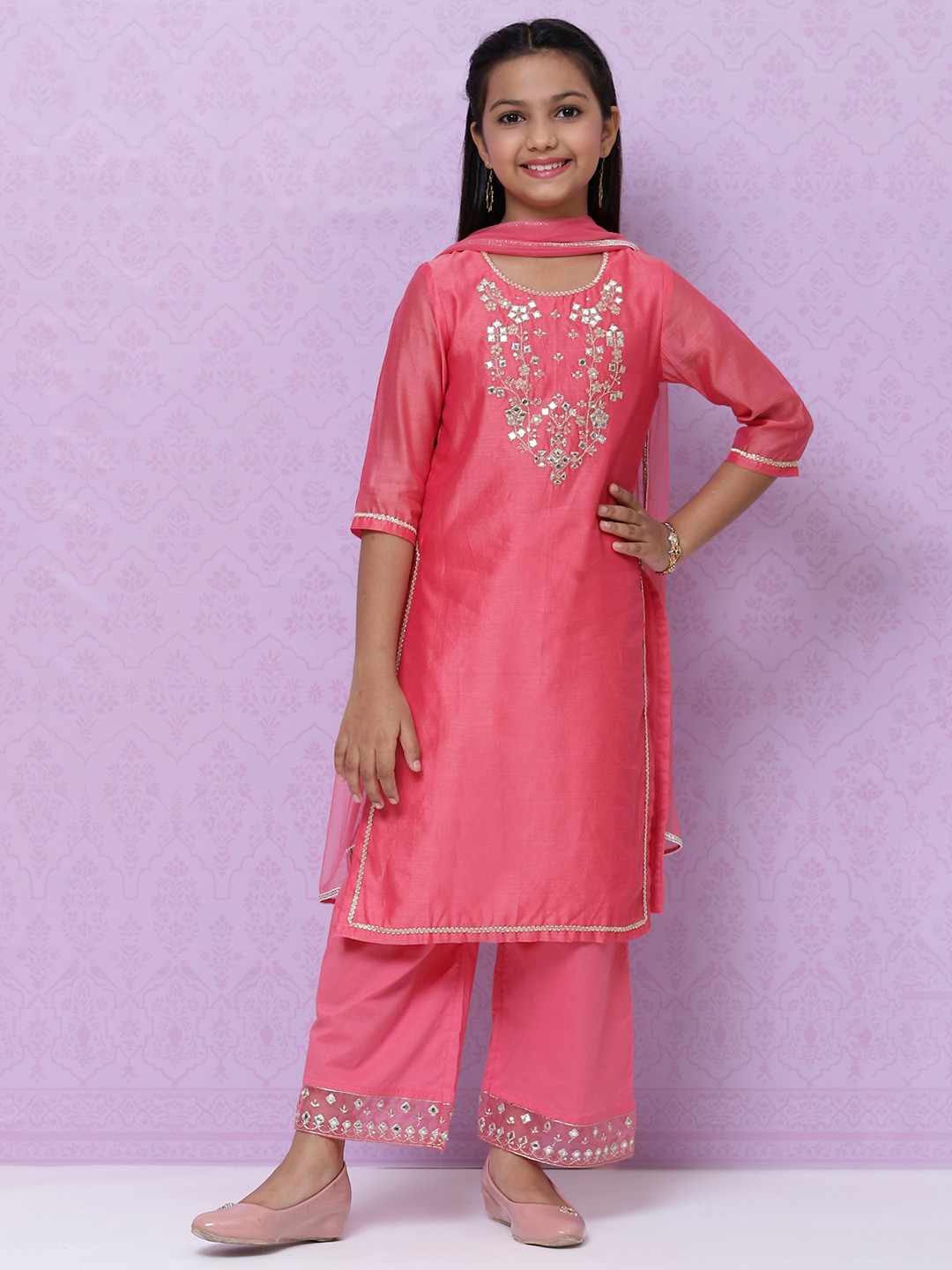 Biba Girls Pink Yoke Design Regular Mirror Work Kurta with Palazzos & Dupatta
