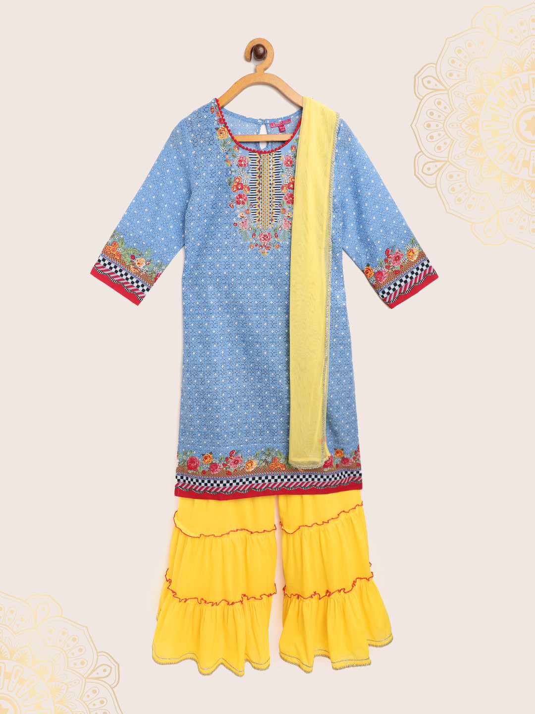 Biba Girls Blue & Yellow Printed Pure Cotton Kurta with Sharara & Dupatta