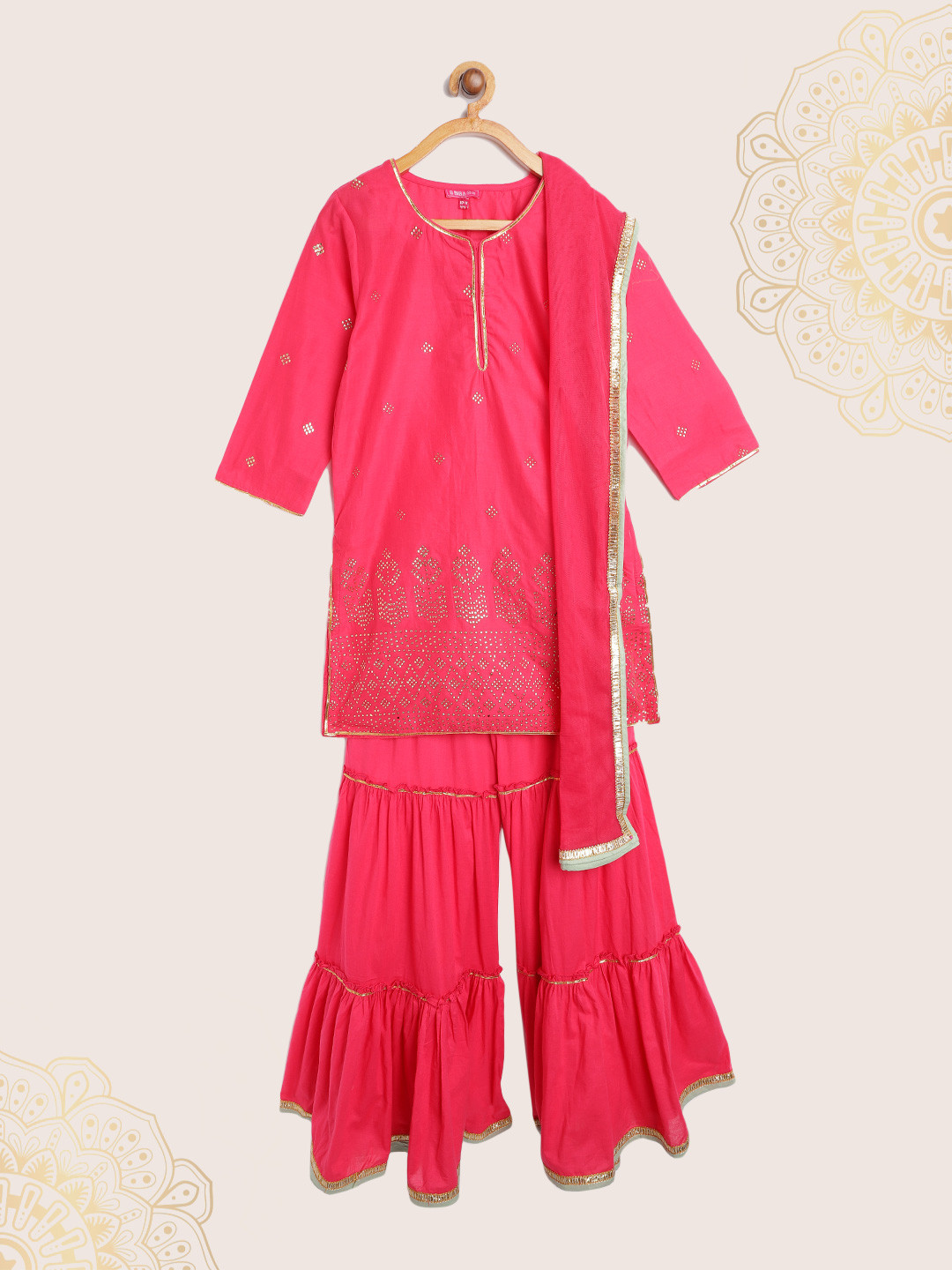Biba Girls Pink & Golden Embellished Gotta Patti Pure Cotton Kurta with Sharara & Dupatta