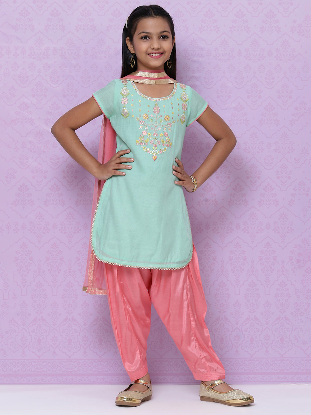 Biba Girls Sea Green & Pink Ethnic Motifs Embroidered Kurti with Salwar & Dupatta
