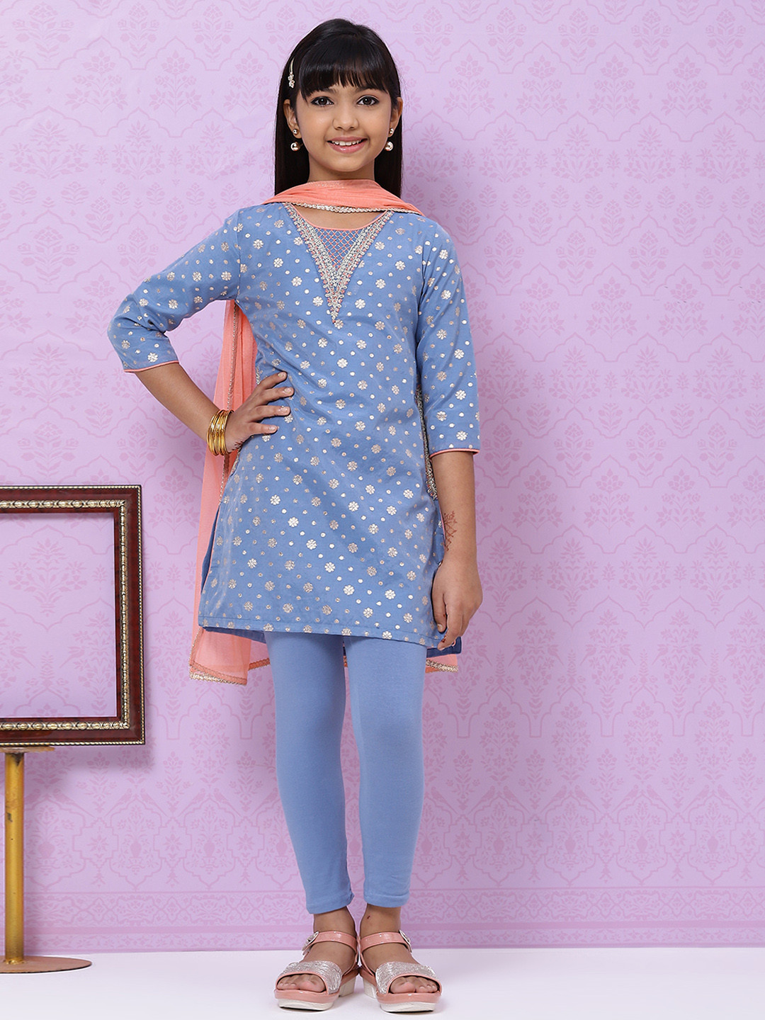 Biba Girls Blue & Golden Embroidered Kurti with Churidar & Dupatta