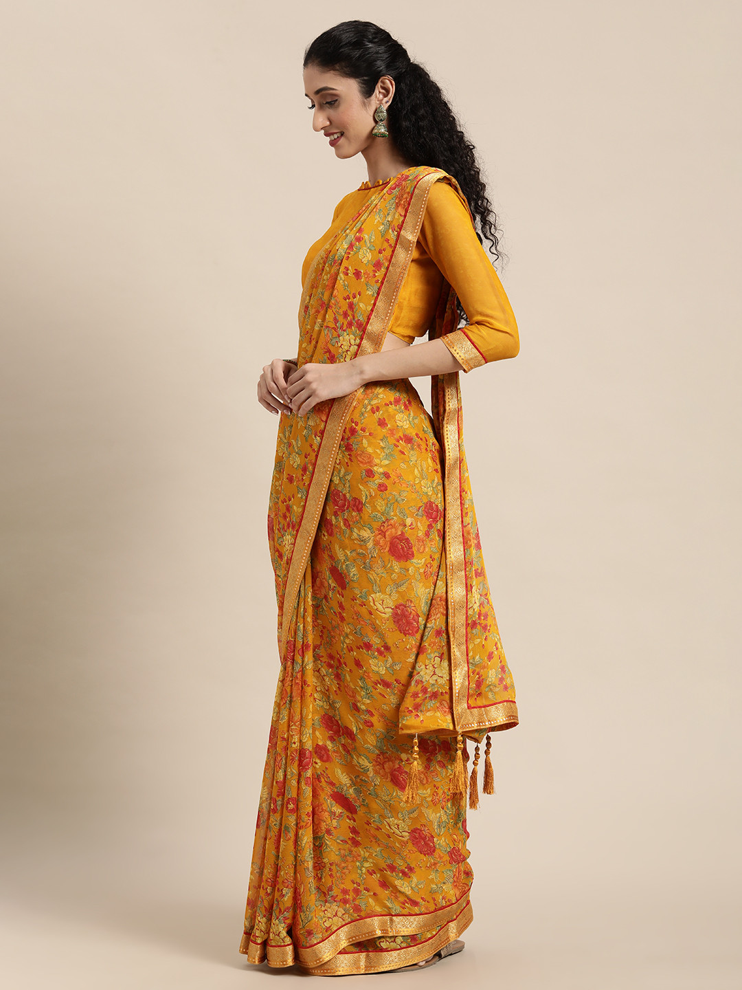 Satrani Yellow & Red Floral Pure Chiffon Saree