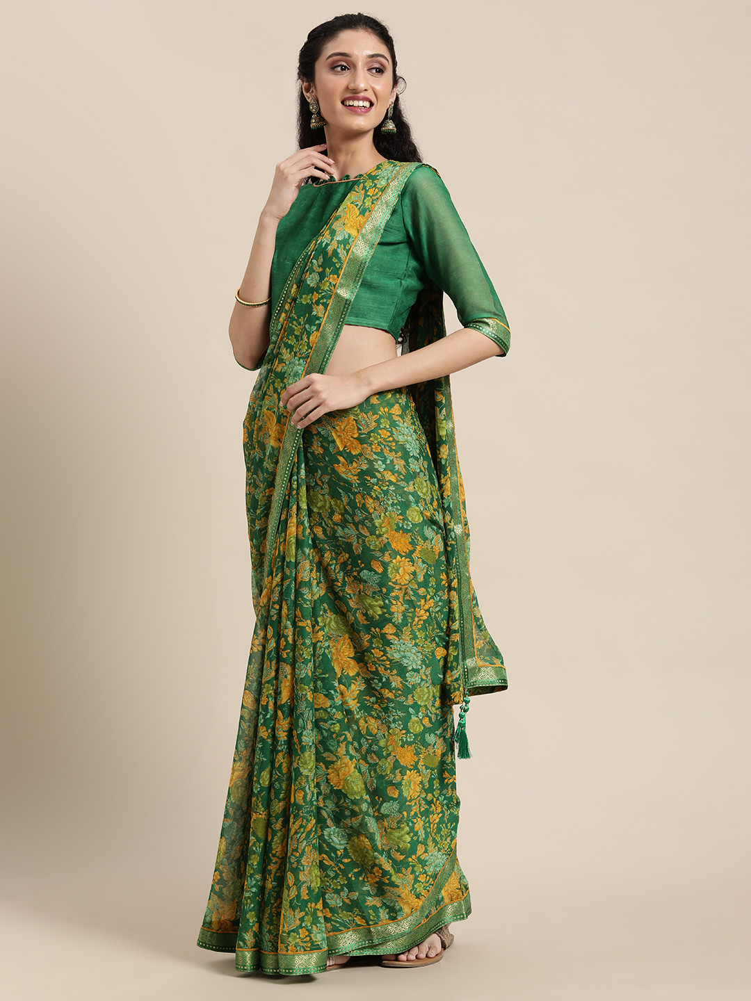 Satrani Green & Yellow Floral Pure Chiffon Saree