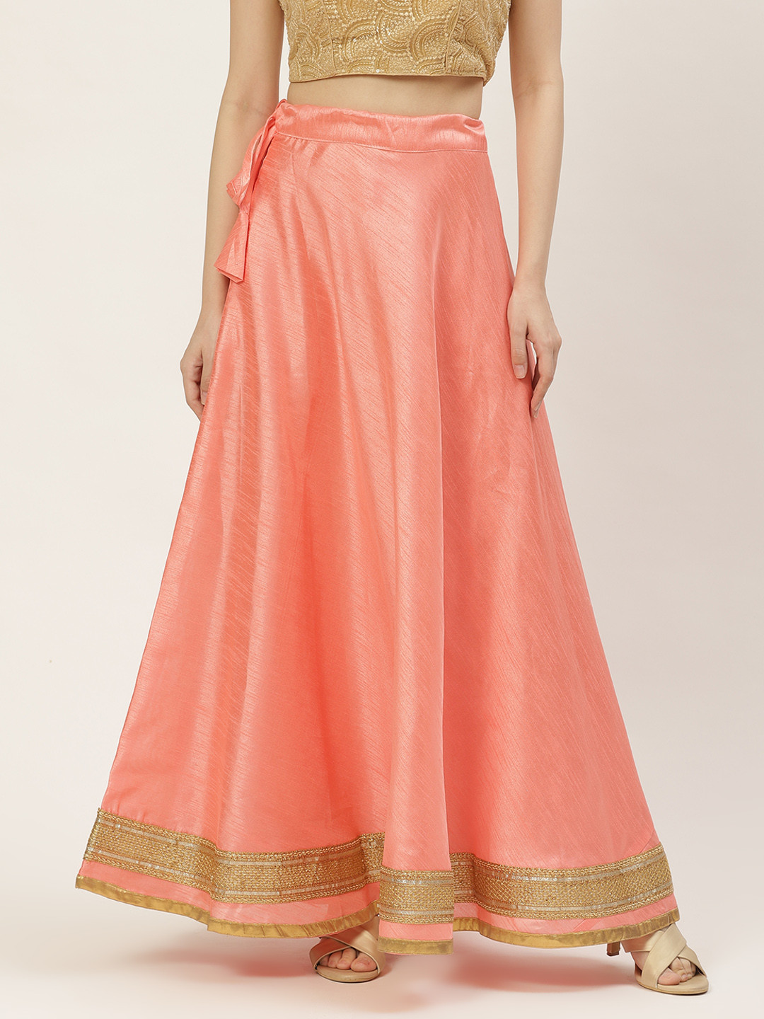 Studio Shringaar Pink & Golden Solid Lehenga Skirt with Zari Border