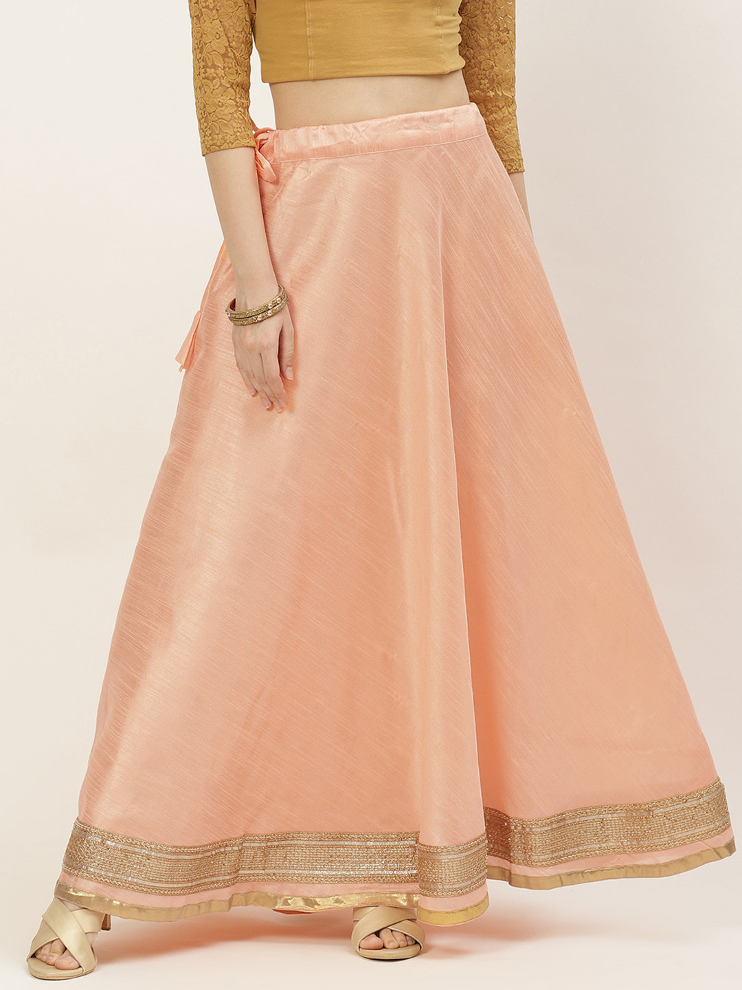 Studio Shringaar Peach & Golden Solid Lehenga Skirt with Zari Border