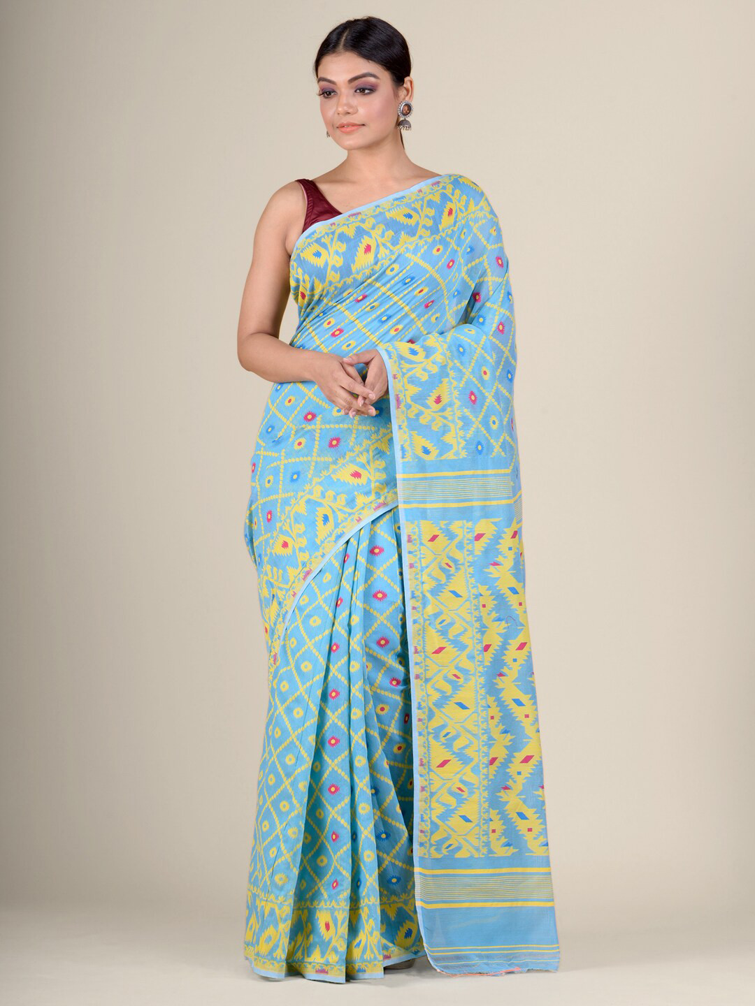 Charukriti Blue & Yellow Geometric Woven Design Handloom Jamdani Saree