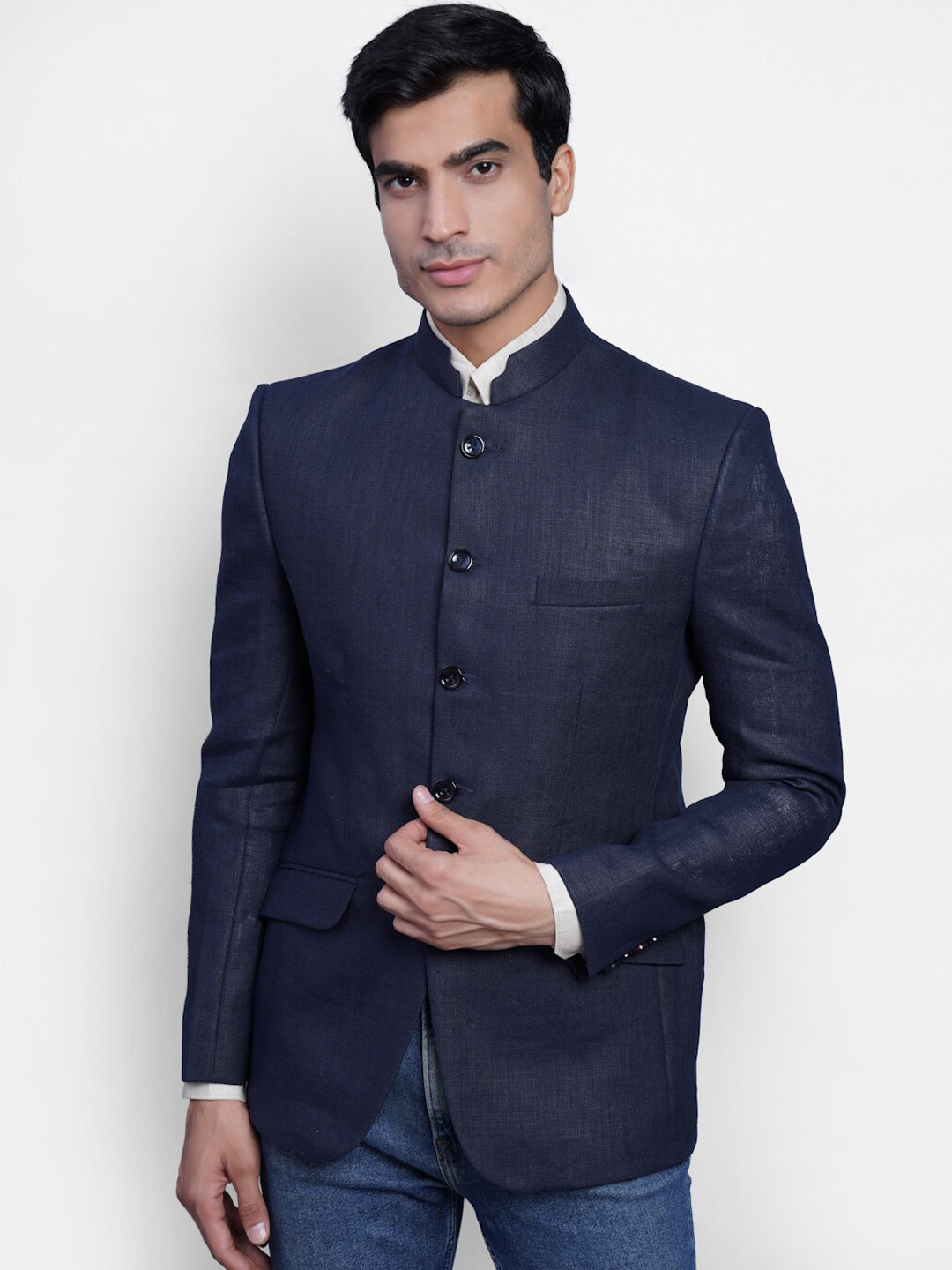 Wintage Men Navy Blue Solid Bandhgala Blazer