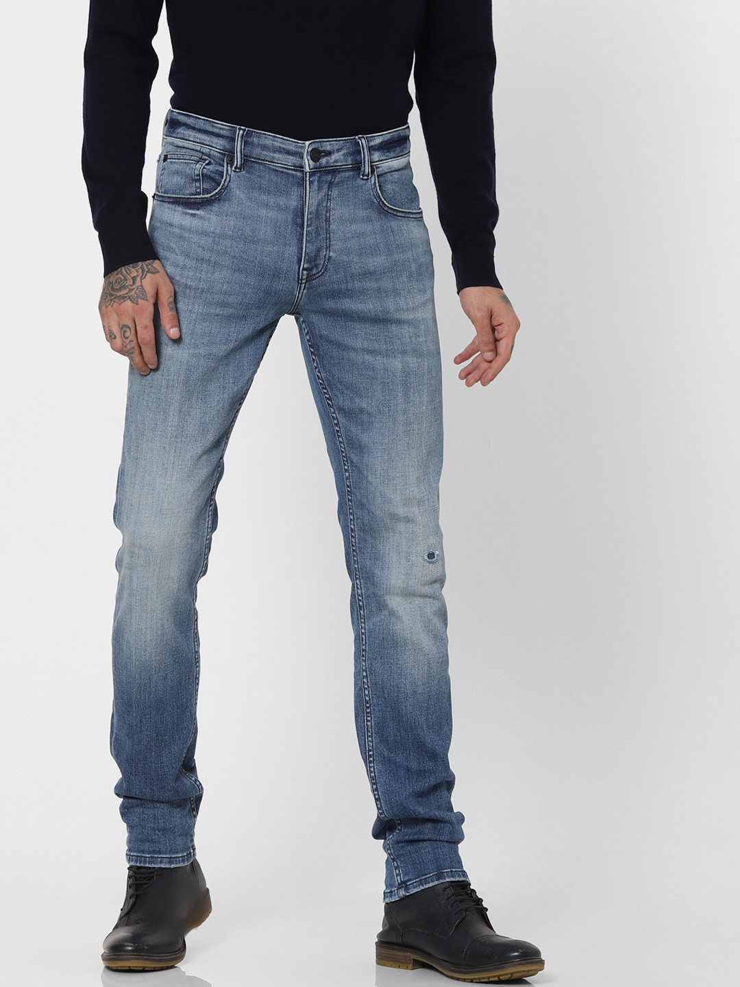 Jack & Jones Men Blue Skinny Fit Low-Rise Mildly Distressed Light Fade Jeans