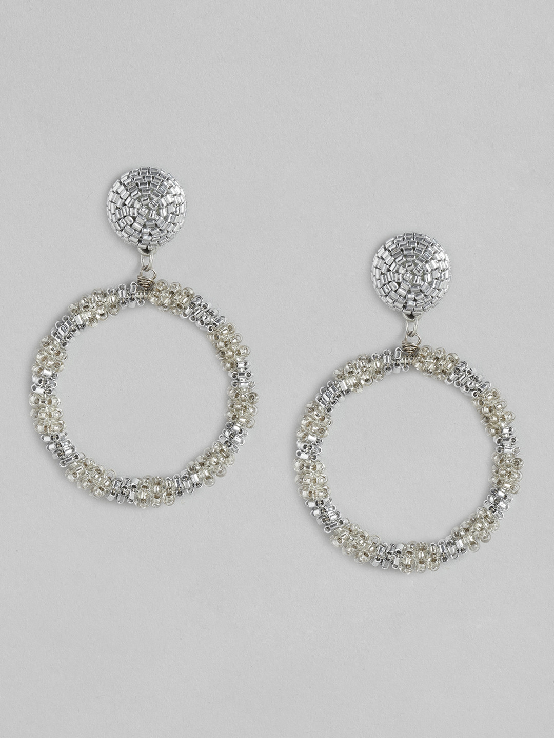 RICHEERA Silver-Toned Circular Drop Earrings