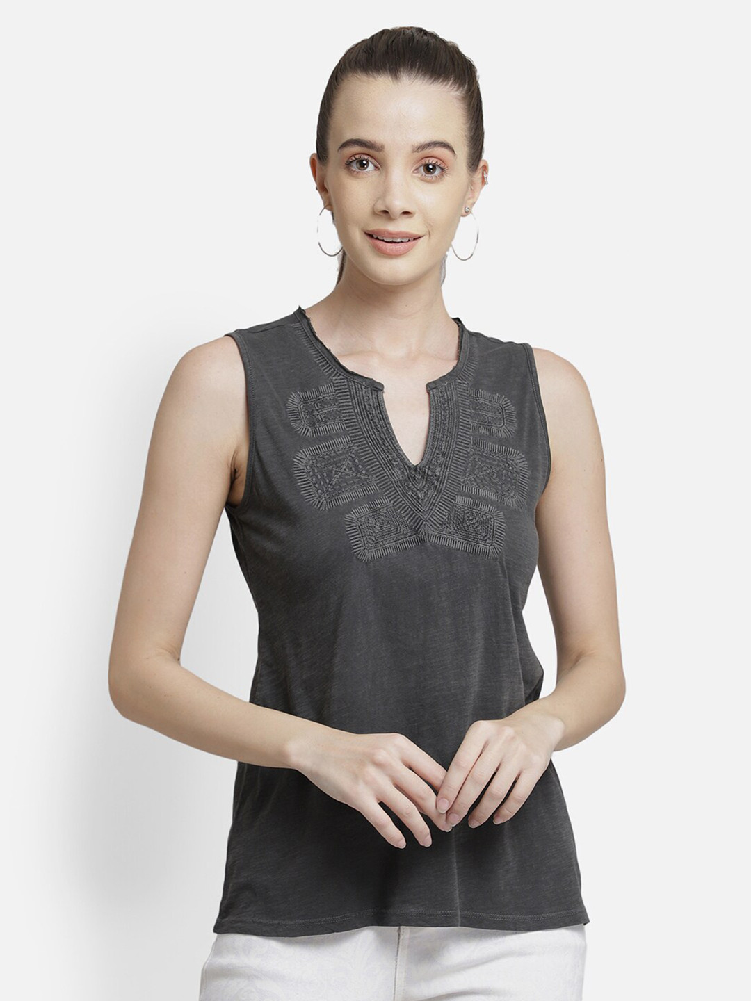 Aditi Wasan Women Charcoal Embroidered Regular Top