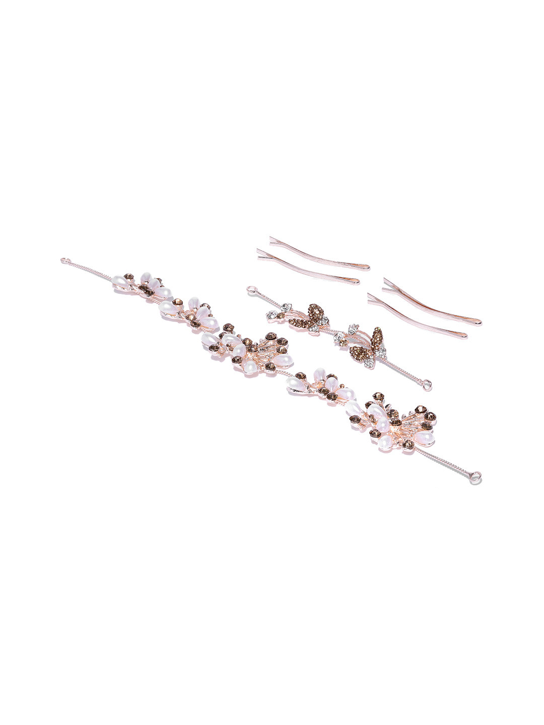 Kord Store Women Rose Gold Pearl and Leaf Design Set Of 2 Tiara