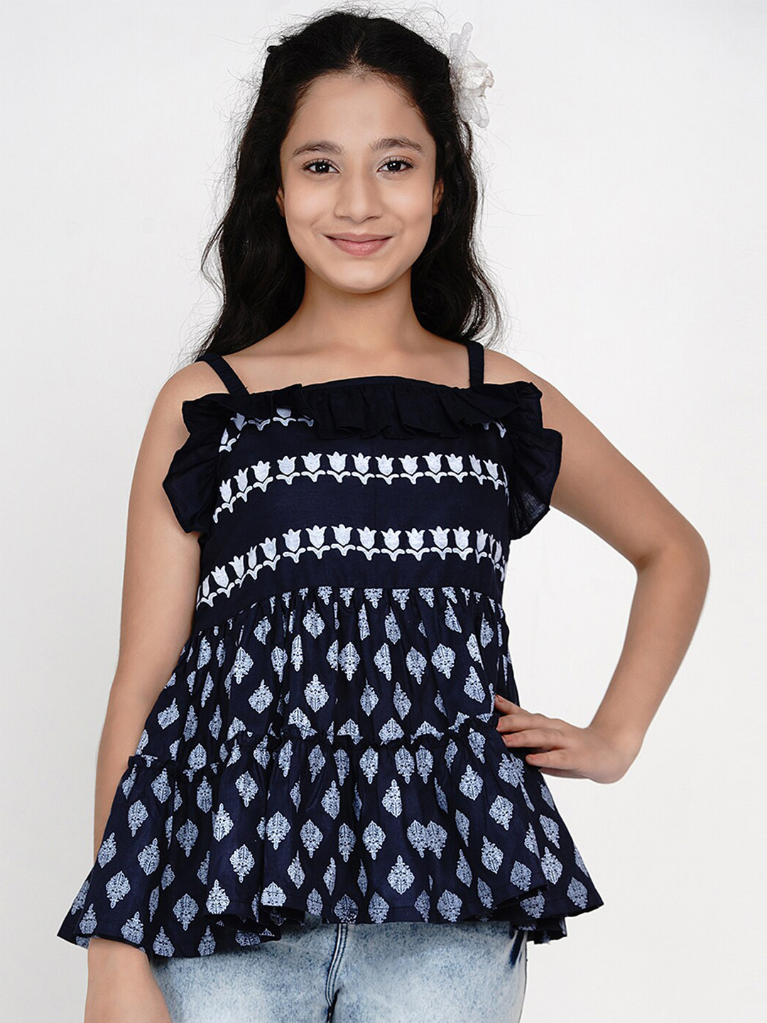 Bitiya by Bhama Girls Blue & White Peplum Top