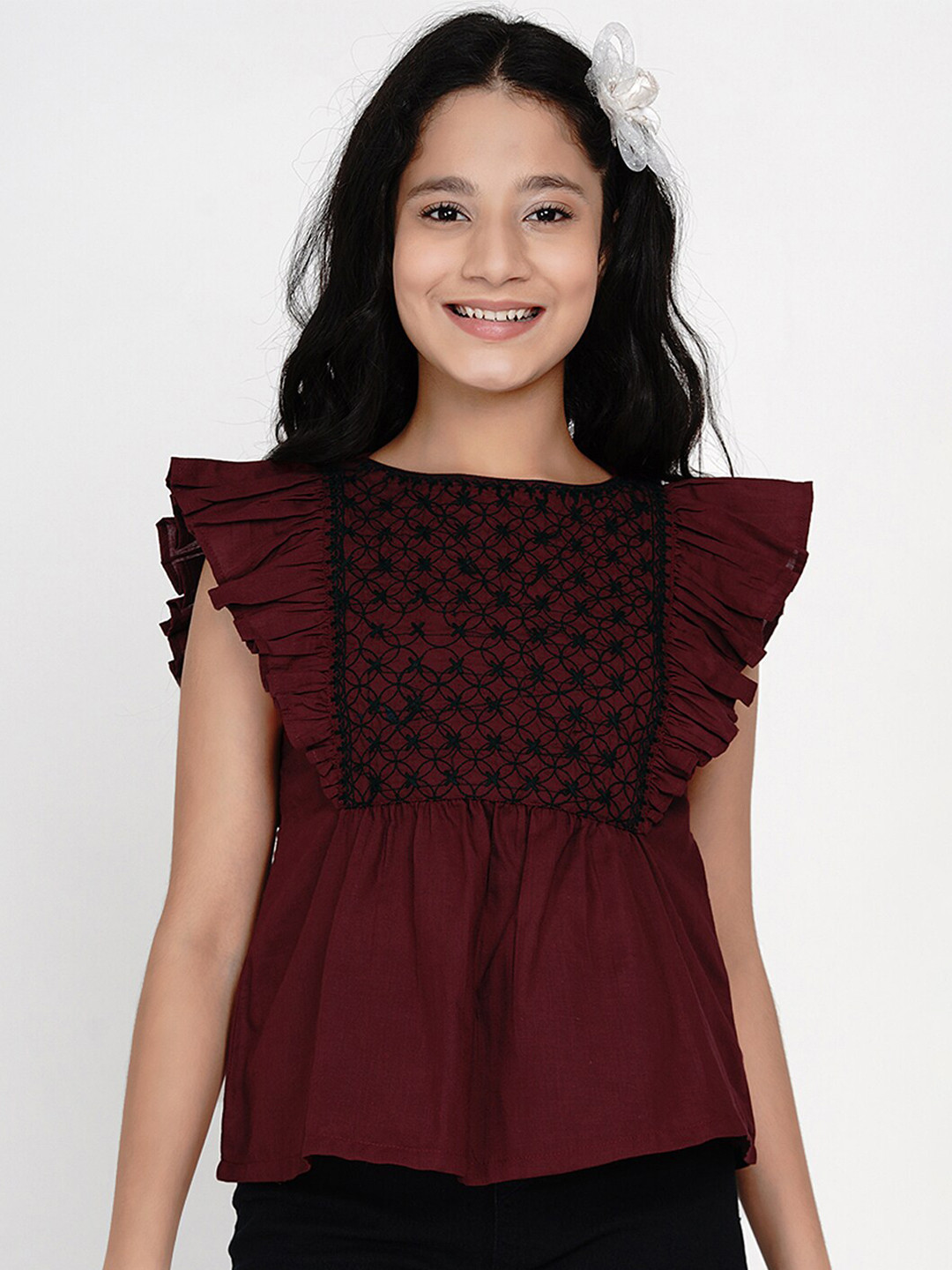 Bitiya by Bhama Girls Maroon & Black Floral Embroidered Regular Top