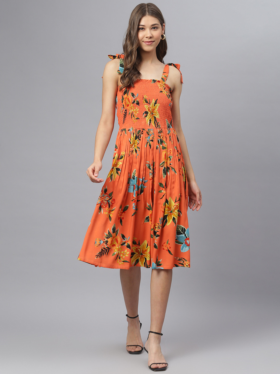 DEEBACO Women Orange & Blue Floral Printed Smocked Flared Dress