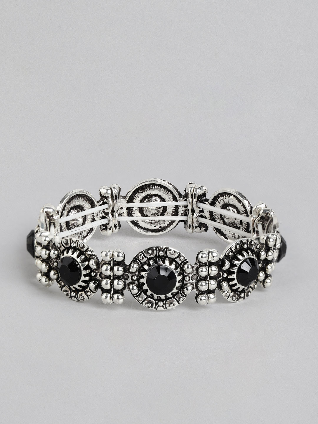 Kord Store Women Silver-Toned & Black Oxidised Charm Bracelet