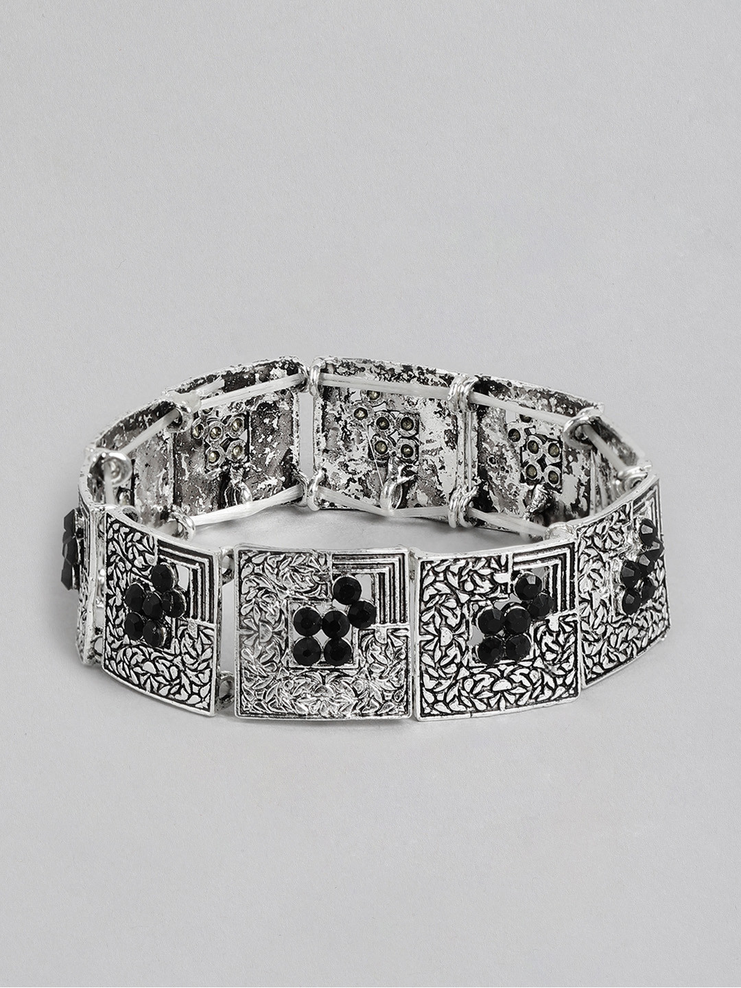 Kord Store Women Silver-Toned & Black Oxidised Charm Bracelet