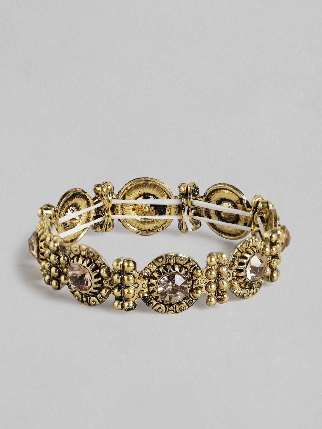 Kord Store Women Antique Gold-Plated Stone-Studded Textured Elasticated Bracelet